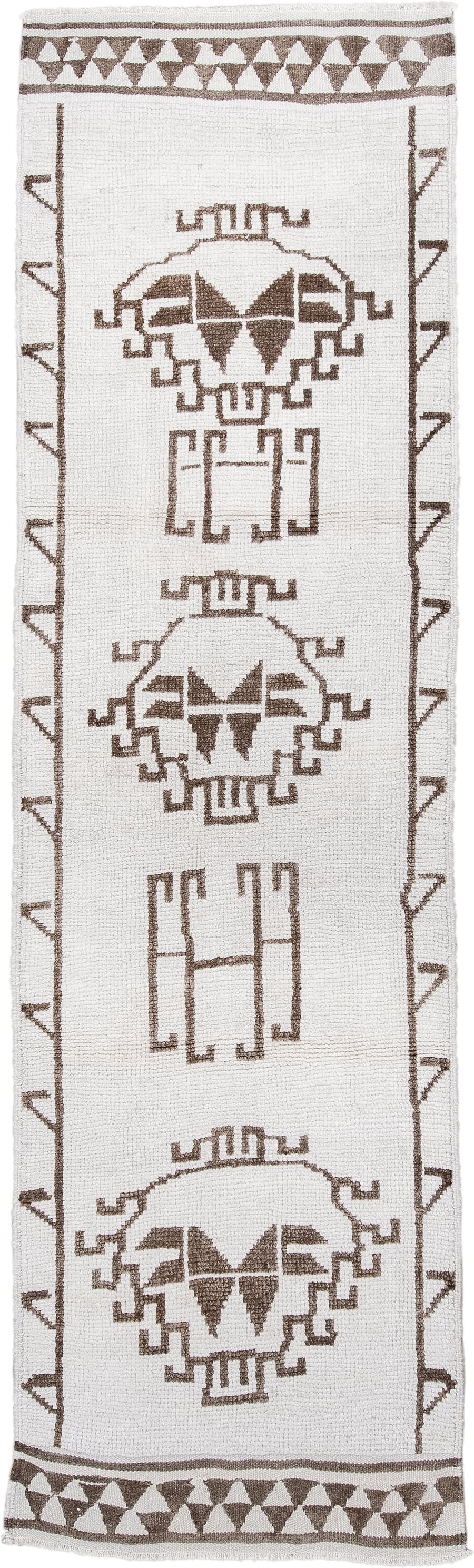 3' x 12' one-of-a-kind handmade vintage Kars runner rug. Color palette: ivory, taupe, brown, beige, gray