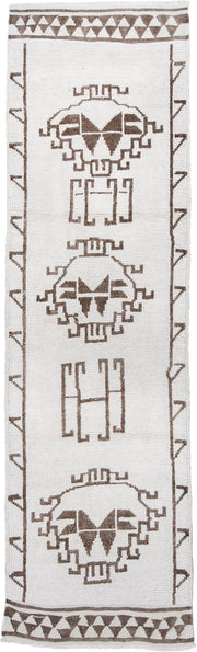 3' x 12' one-of-a-kind handmade vintage Kars runner rug. Color palette: ivory, taupe, brown, beige, gray
