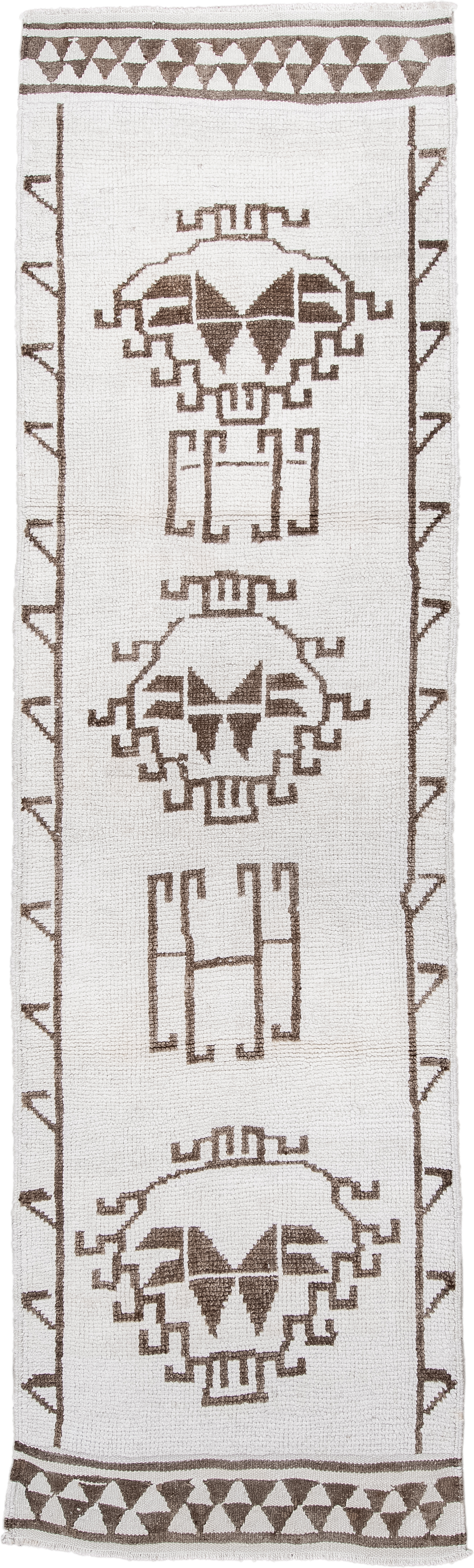 3' x 12' one-of-a-kind handmade vintage Kars runner rug. Color palette: ivory, taupe, brown, beige, gray