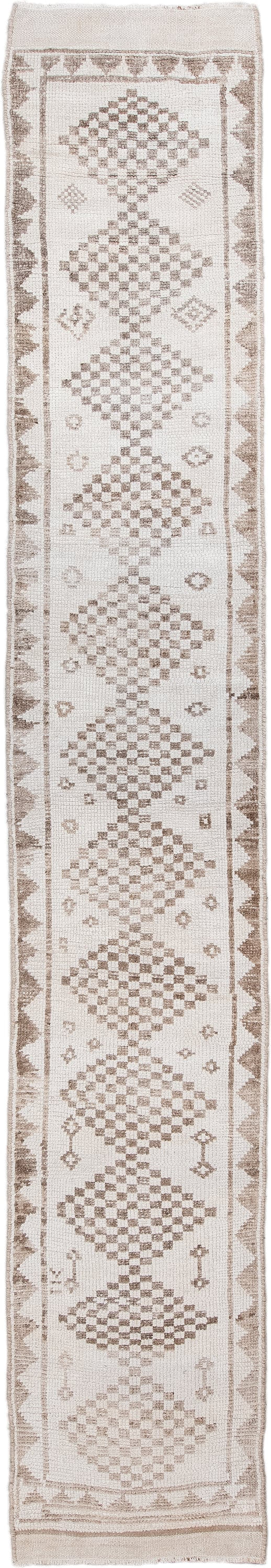 2' x 15' one-of-a-kind handmade vintage Kars runner rug. Color palette: ivory, taupe, beige, sand, gray