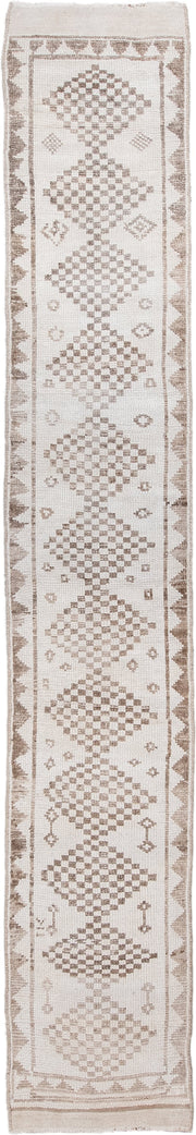 2' x 15' one-of-a-kind handmade vintage Kars runner rug. Color palette: ivory, taupe, beige, sand, gray