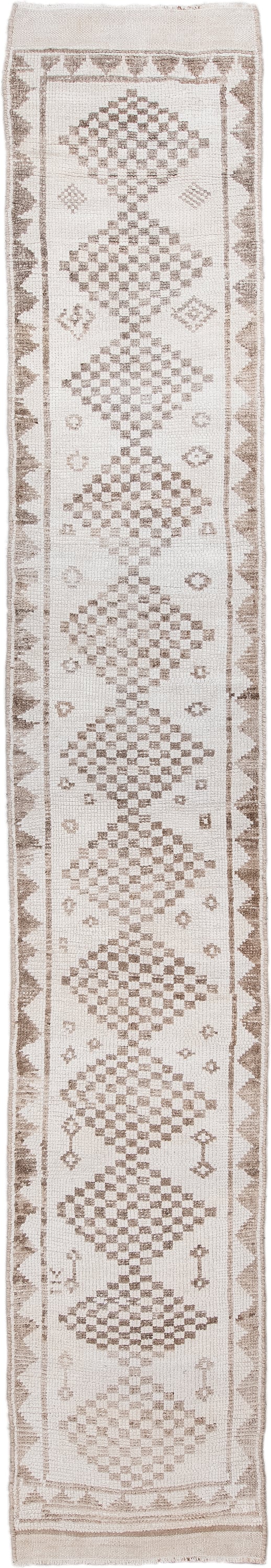 2' x 15' one-of-a-kind handmade vintage Kars runner rug. Color palette: ivory, taupe, beige, sand, gray