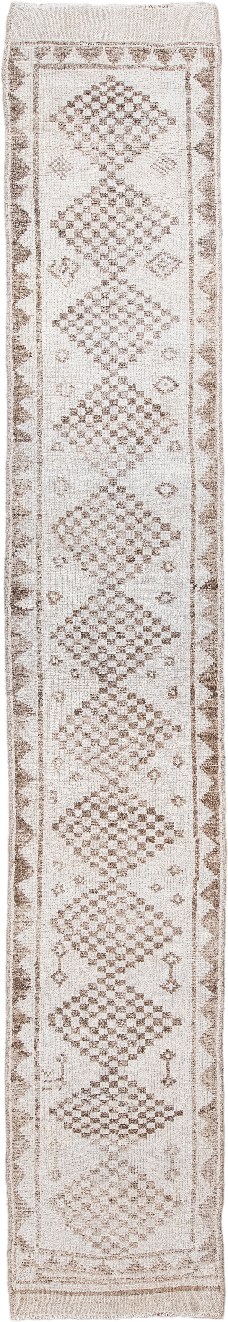 2' x 15' one-of-a-kind handmade vintage Kars runner rug. Color palette: ivory, taupe, beige, sand, gray