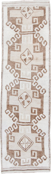 3' x 11' one-of-a-kind handmade vintage Kars runner rug. Color palette: ivory, taupe, beige, camel, gray