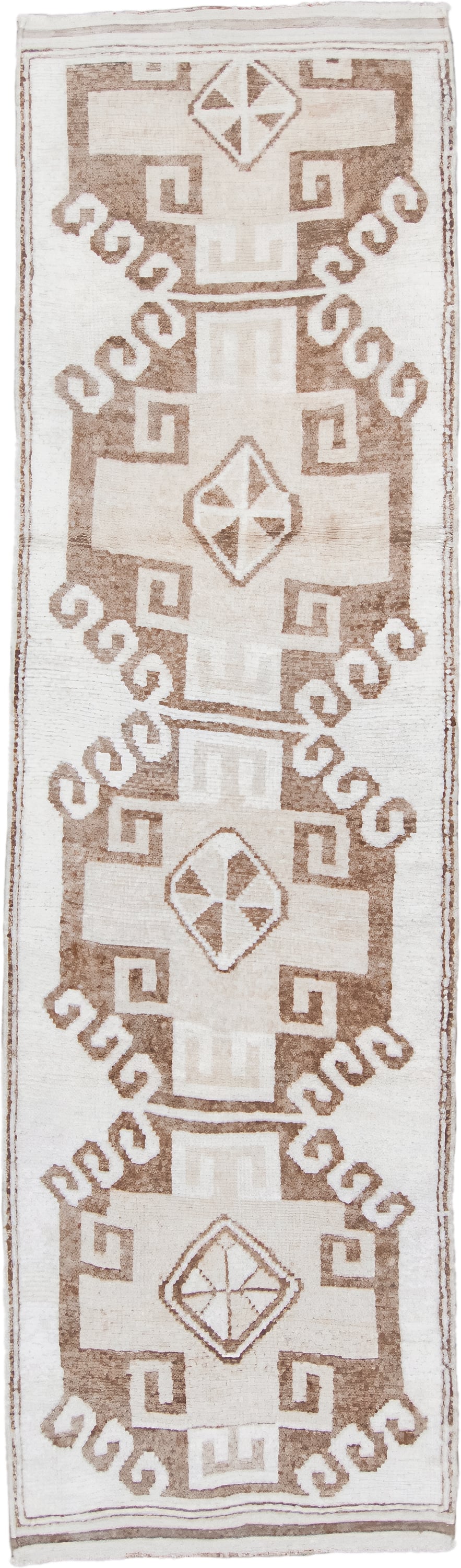 3' x 11' one-of-a-kind handmade vintage Kars runner rug. Color palette: ivory, taupe, beige, camel, gray