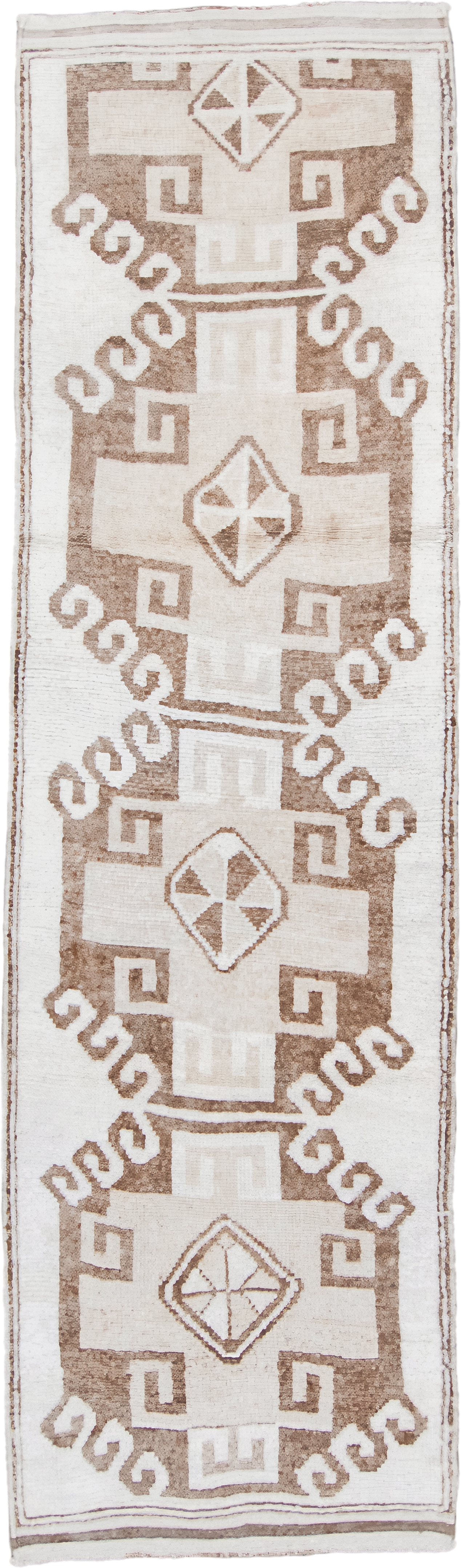 3' x 11' one-of-a-kind handmade vintage Kars runner rug. Color palette: ivory, taupe, beige, camel, gray