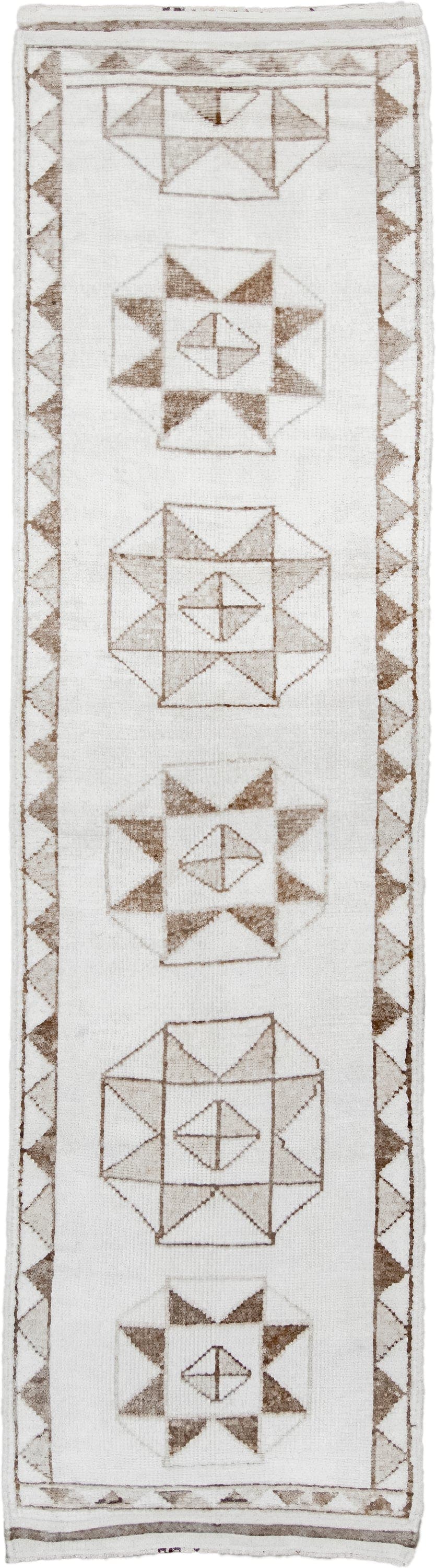 3' x 10' one-of-a-kind handmade vintage Kars runner rug. Color palette: ivory, taupe, beige, camel, gray