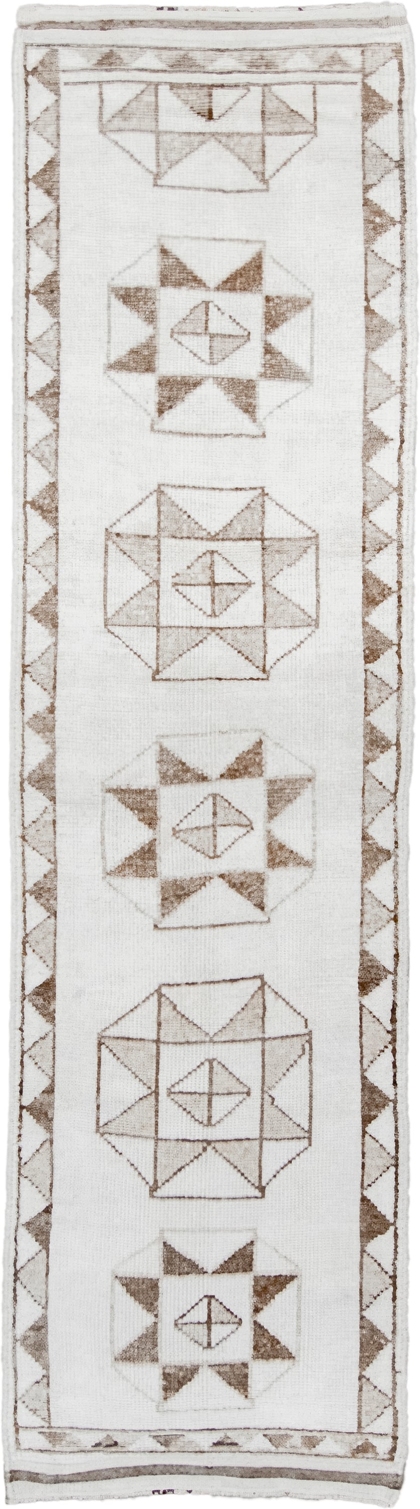 3' x 10' one-of-a-kind handmade vintage Kars runner rug. Color palette: ivory, taupe, beige, camel, gray