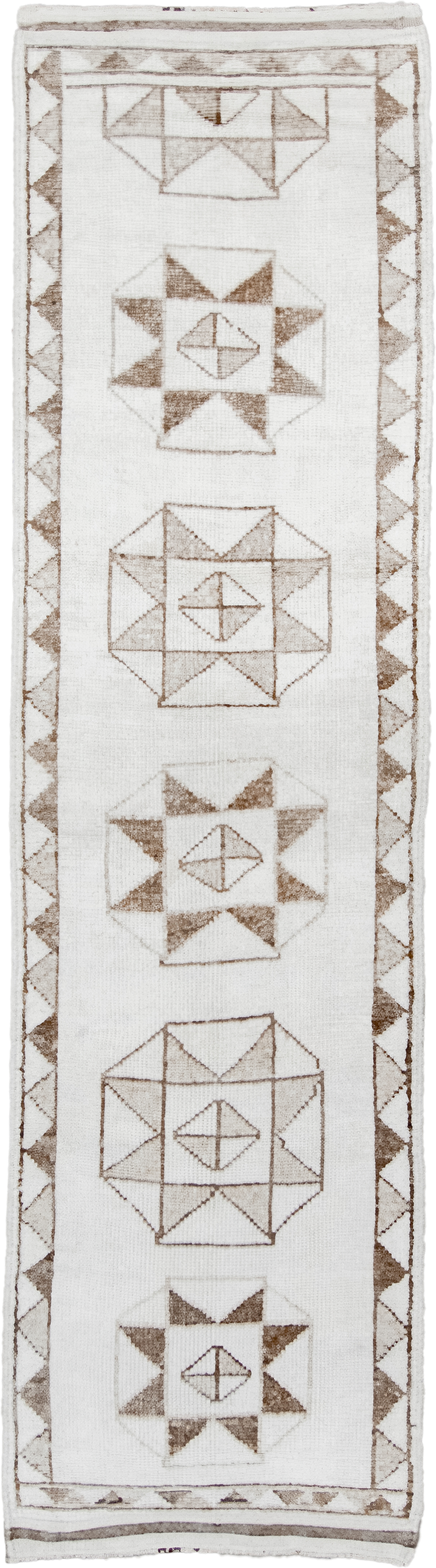 3' x 10' one-of-a-kind handmade vintage Kars runner rug. Color palette: ivory, taupe, beige, camel, gray