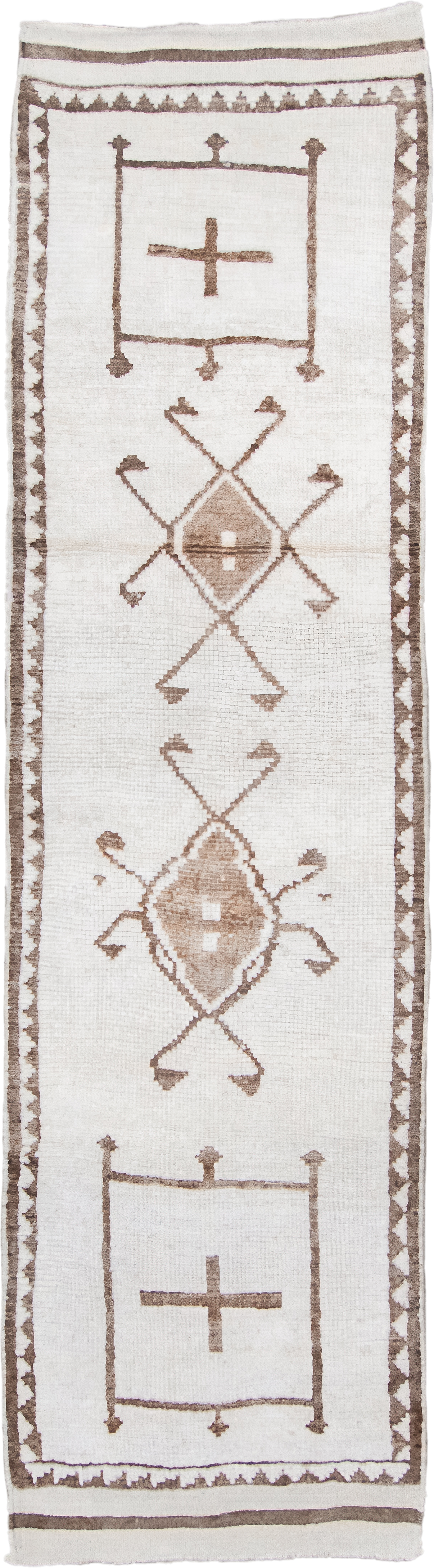 3' x 11' one-of-a-kind handmade vintage Kars runner rug. Color palette: ivory, taupe, camel, beige, gray