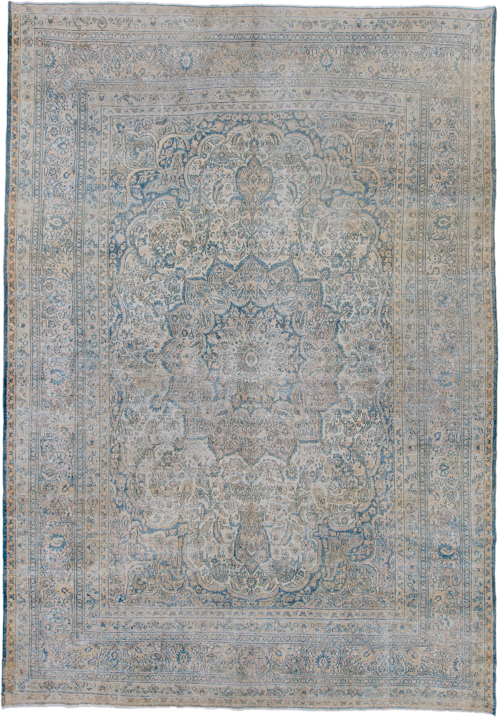 8' x 12' one-of-a-kind handmade antique Khorassan large size rug. Color palette: ivory, sky blue, beige, taupe, slate, camel