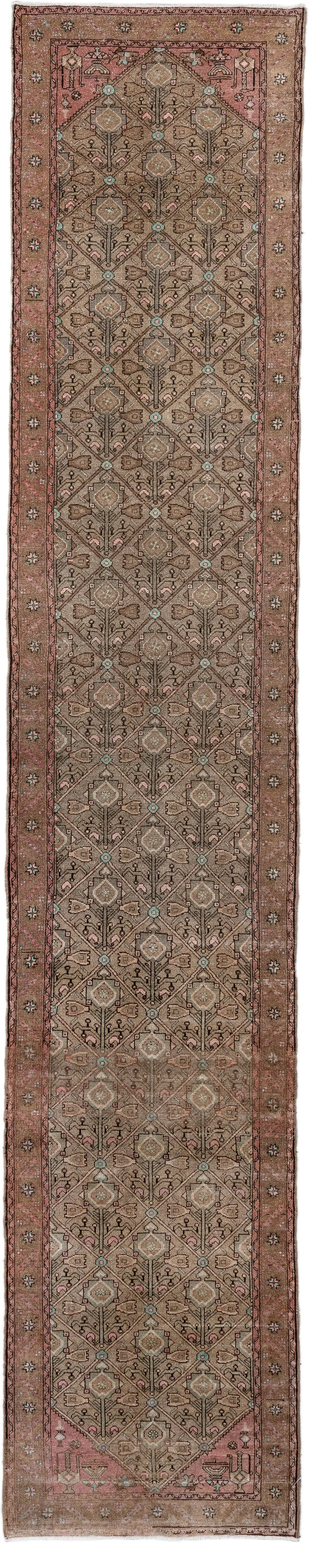3' x 15' one-of-a-kind handmade antique Malayer runner rug. Color palette: taupe, rose, camel, brown, ivory, turquoise