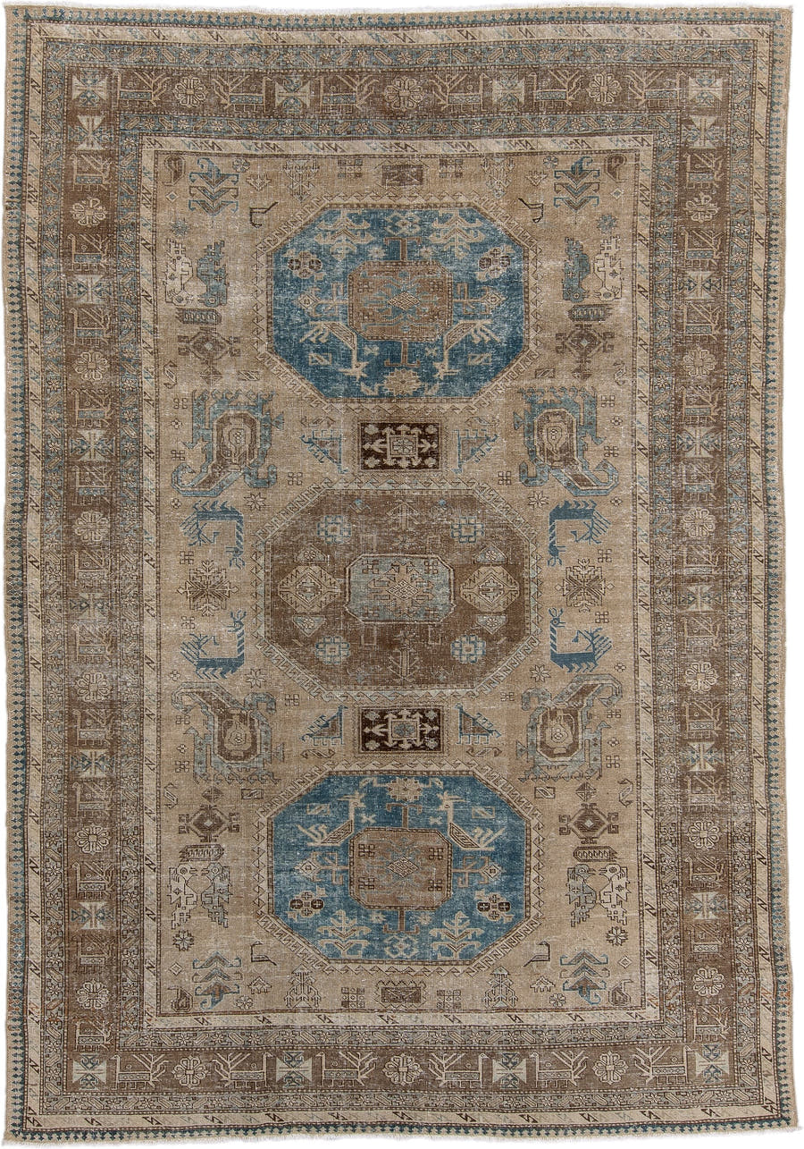 7' x 10' one-of-a-kind handmade vintage Ardebil large size rug. Color palette: ivory, taupe, brown, sky_blue, camel, slate
