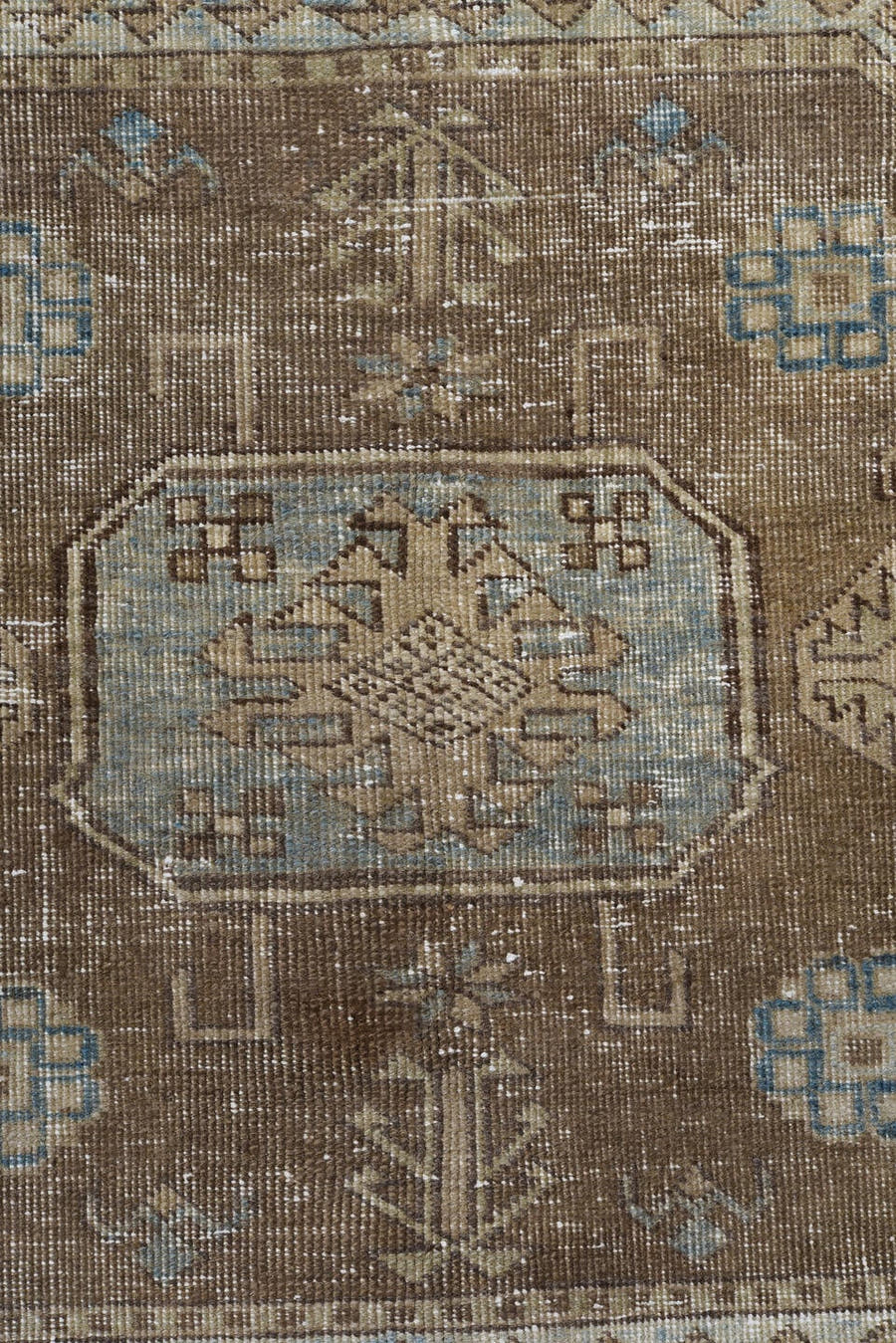 7' x 10' one-of-a-kind handmade vintage Ardebil large size rug. Color palette: ivory, taupe, brown, sky_blue, camel, slate