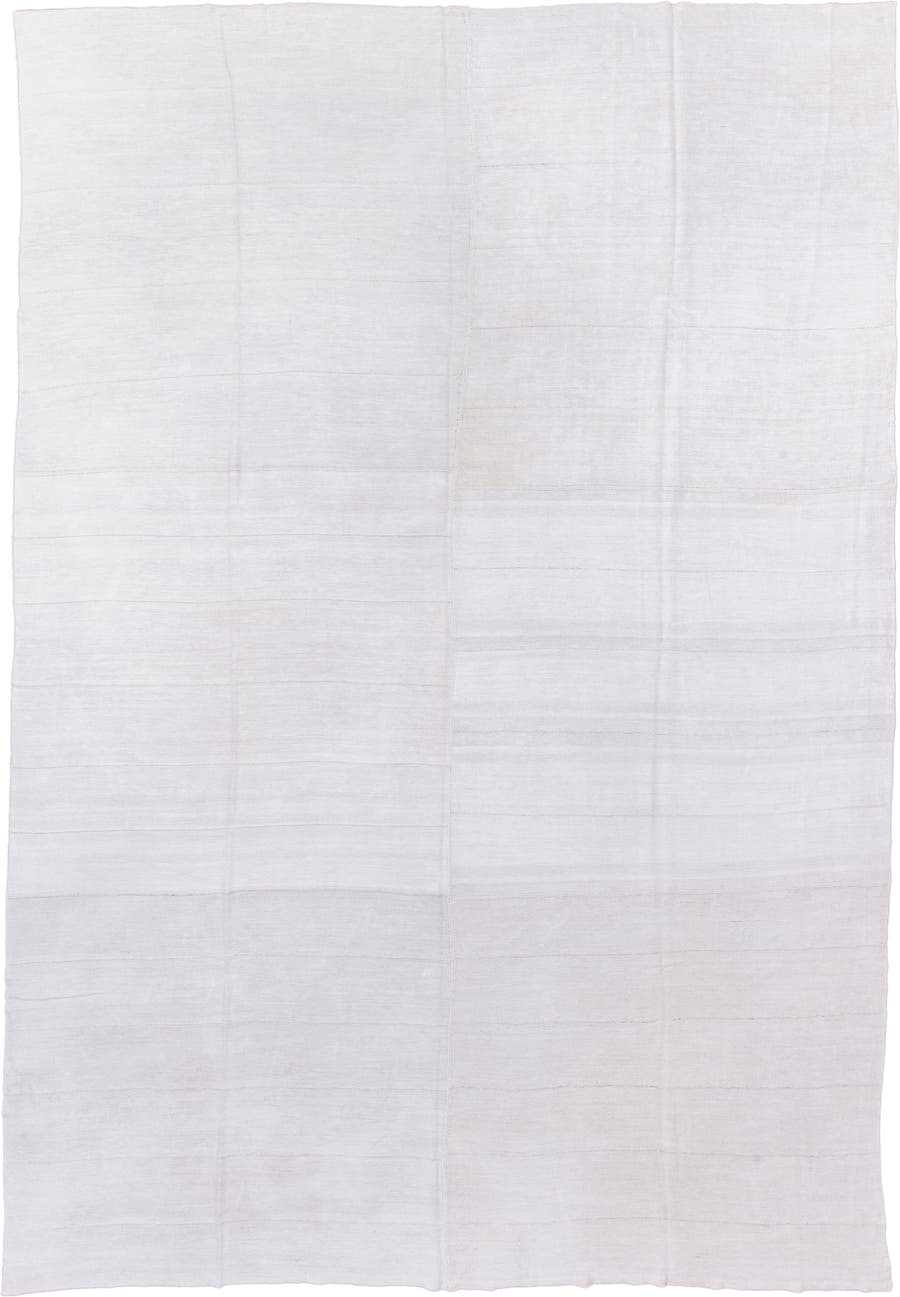 11' x 17' one-of-a-kind handmade antique Flatweave oversize rug. Color palette: ivory, cream, taupe, beige, gray