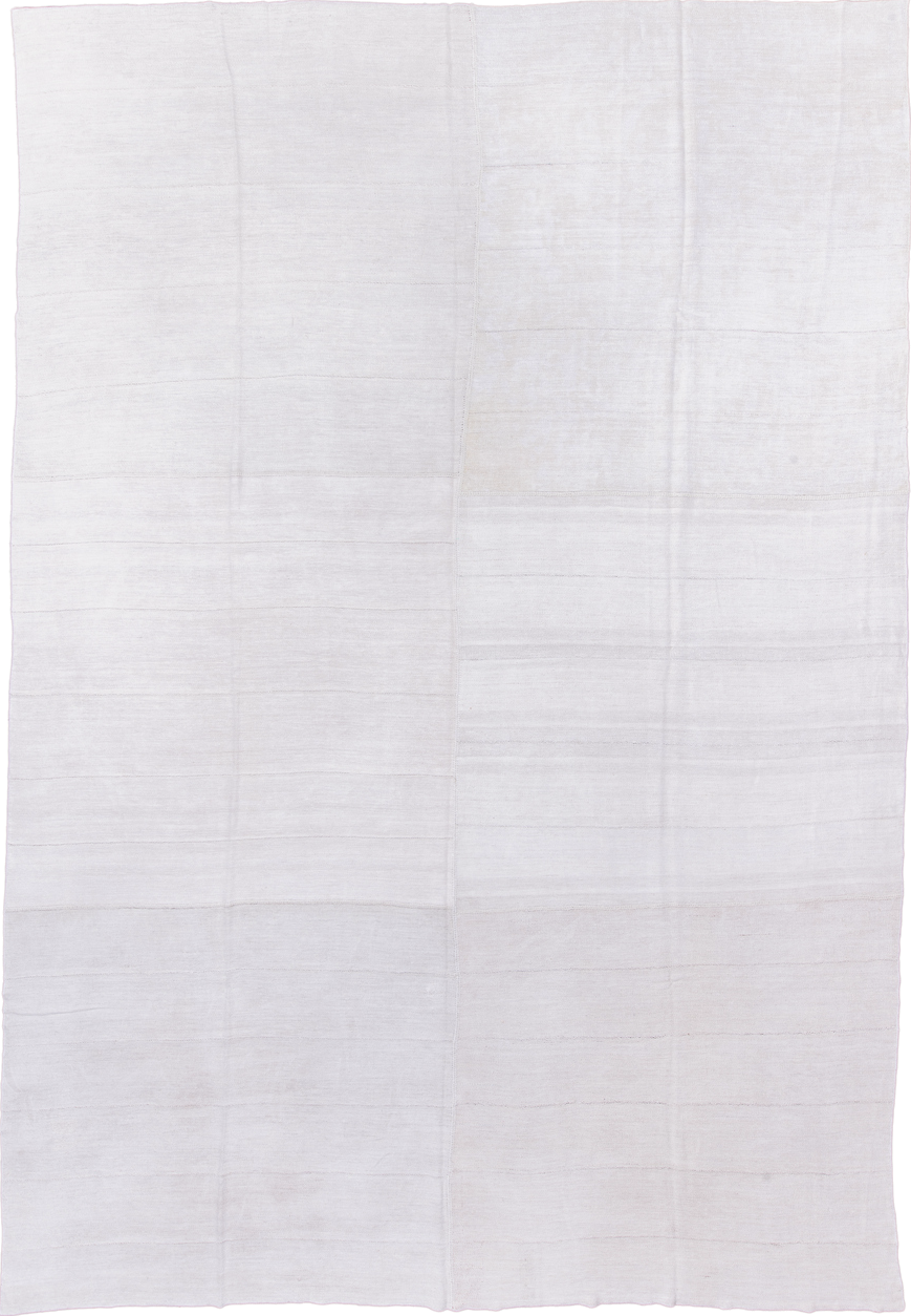 11' x 17' one-of-a-kind handmade antique Flatweave oversize rug. Color palette: ivory, cream, taupe, beige, gray