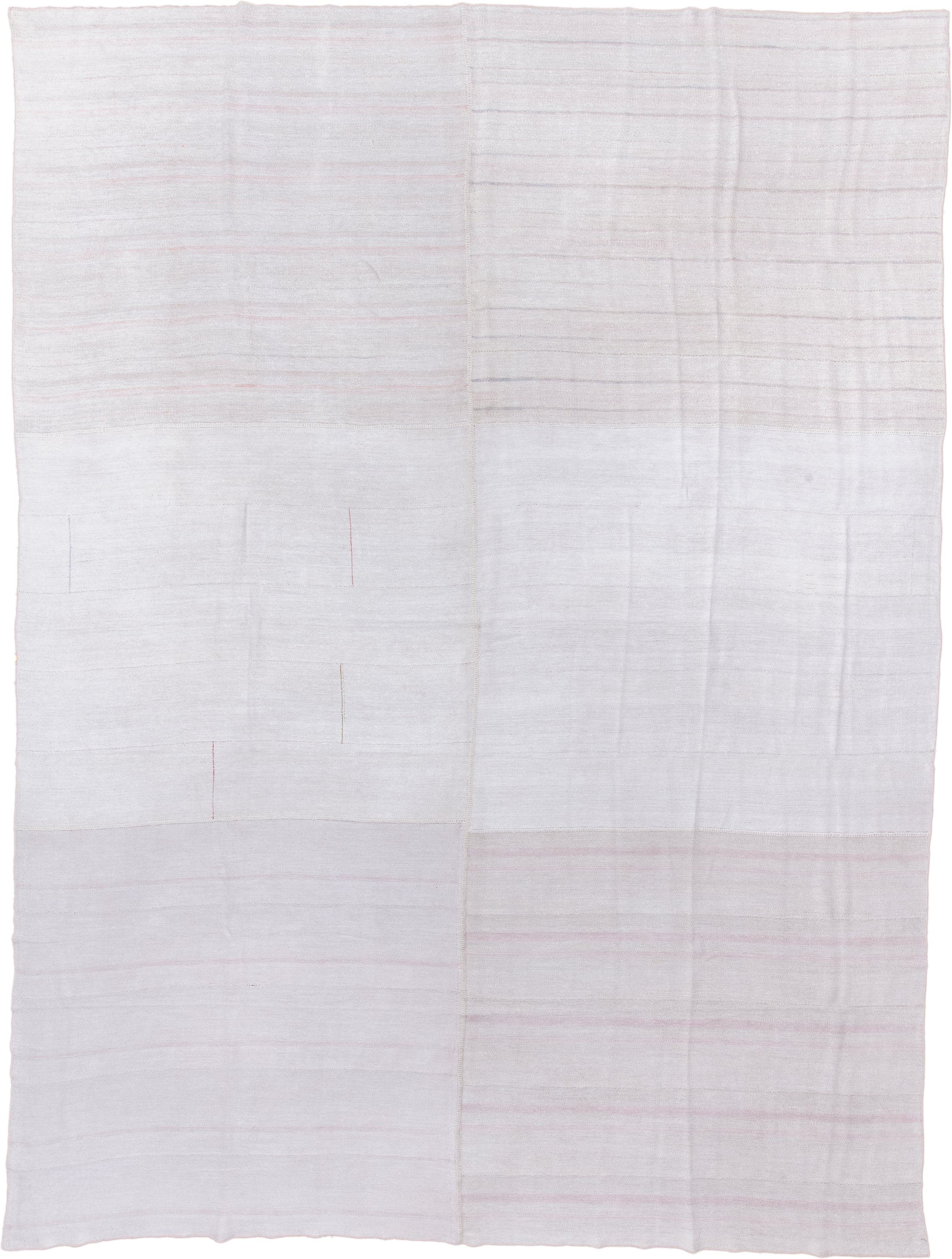 10' x 16' one-of-a-kind handmade antique Flatweave rug. Color palette: ivory, blush, lavender, cream, pale rose, pink