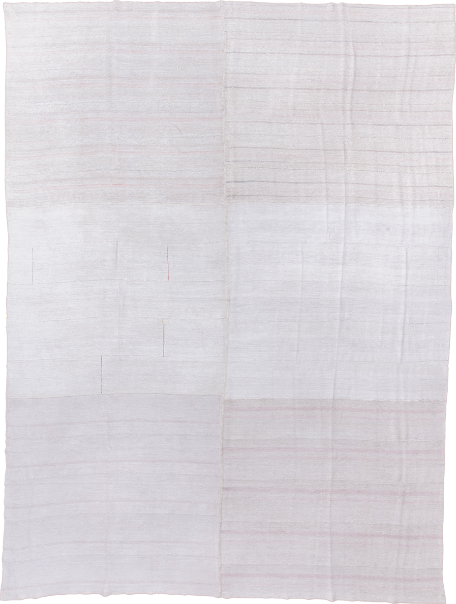 10' x 16' one-of-a-kind handmade antique Flatweave rug. Color palette: ivory, blush, lavender, cream, pale rose, pink