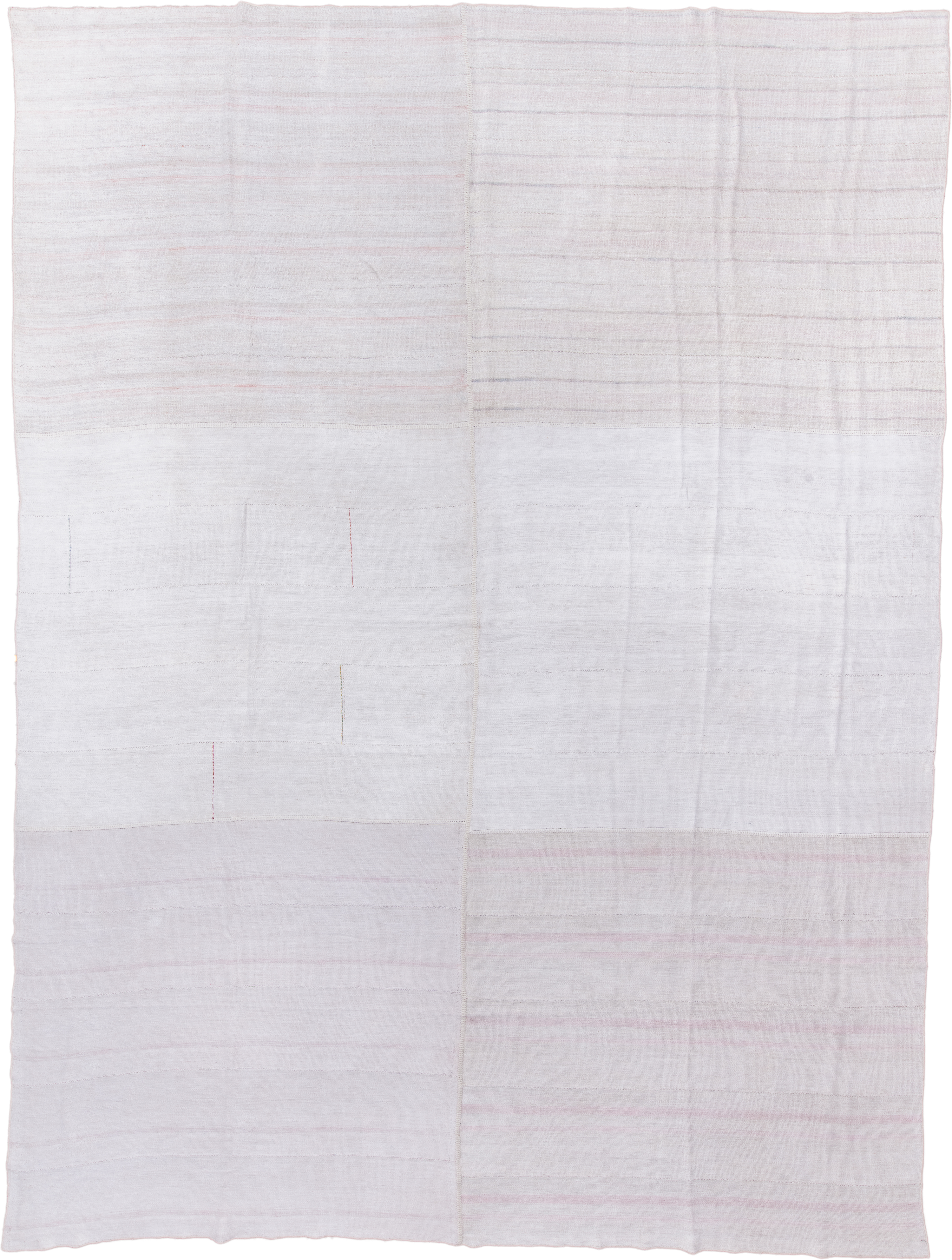 10' x 16' one-of-a-kind handmade antique Flatweave rug. Color palette: ivory, blush, lavender, cream, pale rose, pink