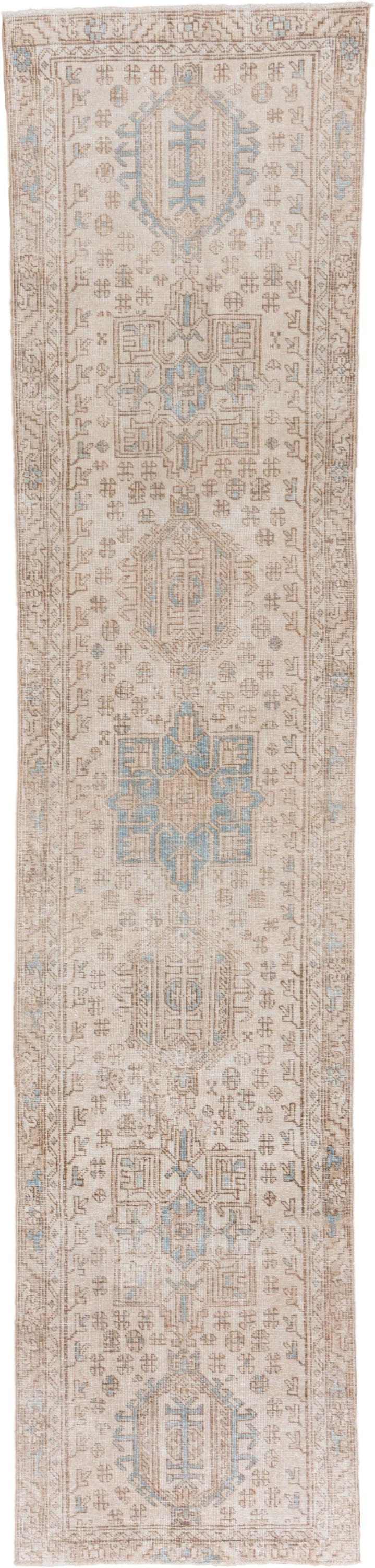 3' x 13' one-of-a-kind handmade antique Karaje runner rug. Color palette: ivory, taupe, sky blue, sand, beige, camel, gray