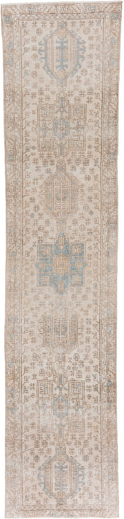 3' x 13' one-of-a-kind handmade antique Karaje runner rug. Color palette: ivory, taupe, sky blue, sand, beige, camel, gray