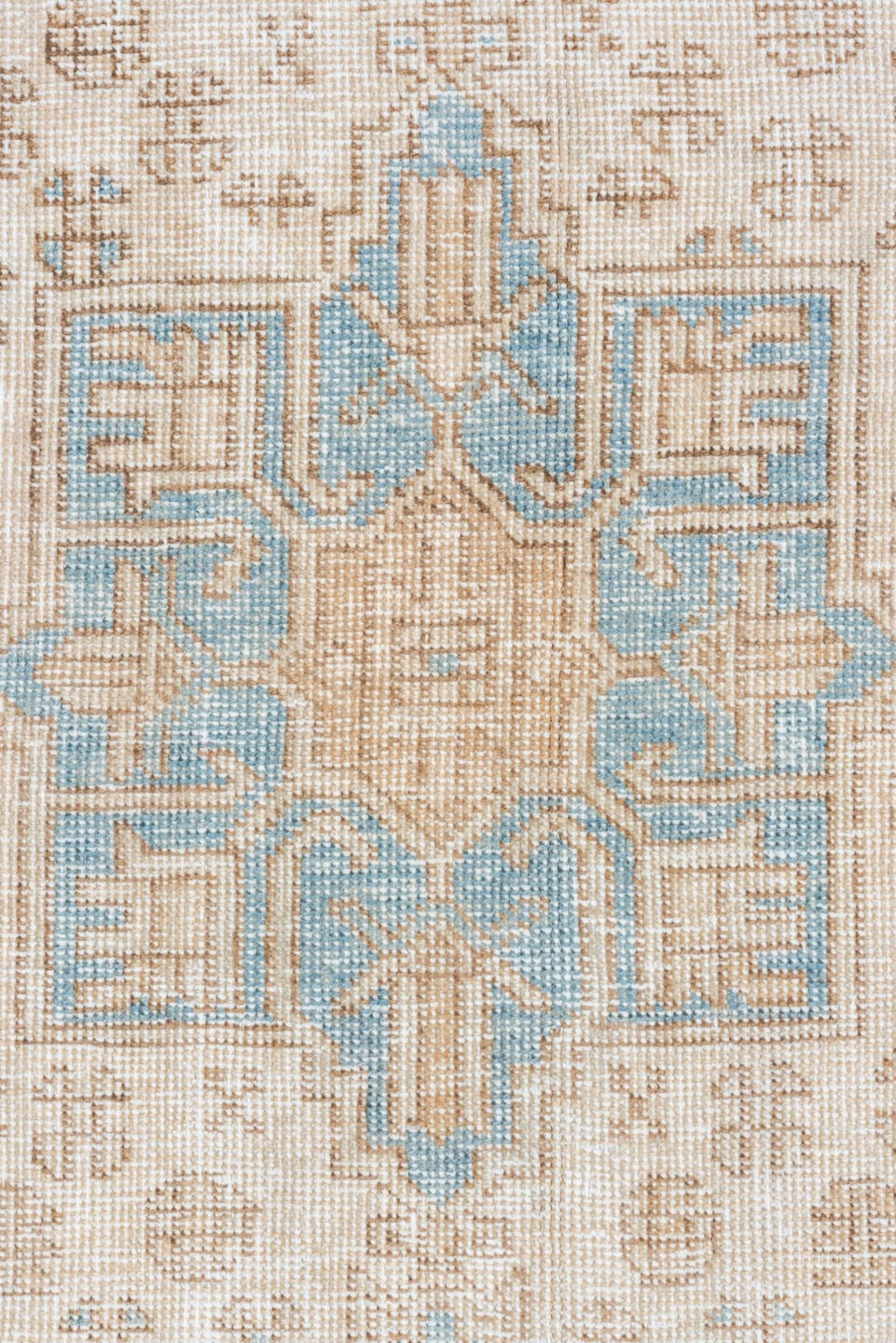 3' x 13' one-of-a-kind handmade antique Karaje runner rug. Color palette: ivory, taupe, sky blue, sand, beige, camel, gray