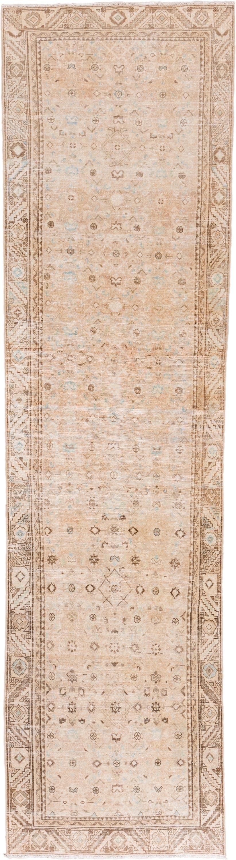 3' x 12' one-of-a-kind handmade antique Malayer runner rug. Color palette: ivory, beige, camel, taupe, pale blue, sand