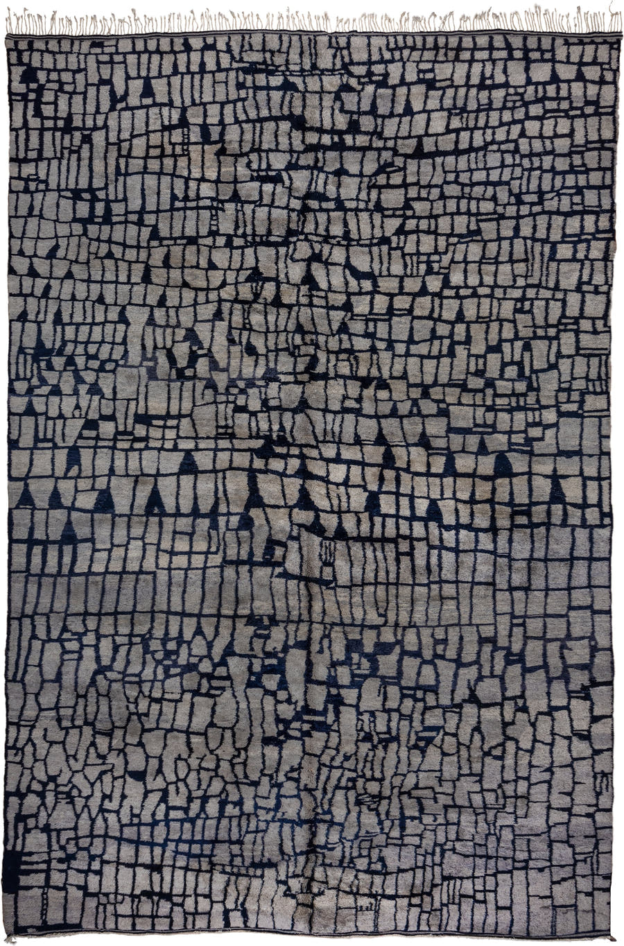 13' x 20' one-of-a-kind handmade vintage Moroccan oversize rug. Color palette: ivory, charcoal, slate, taupe, gray, black