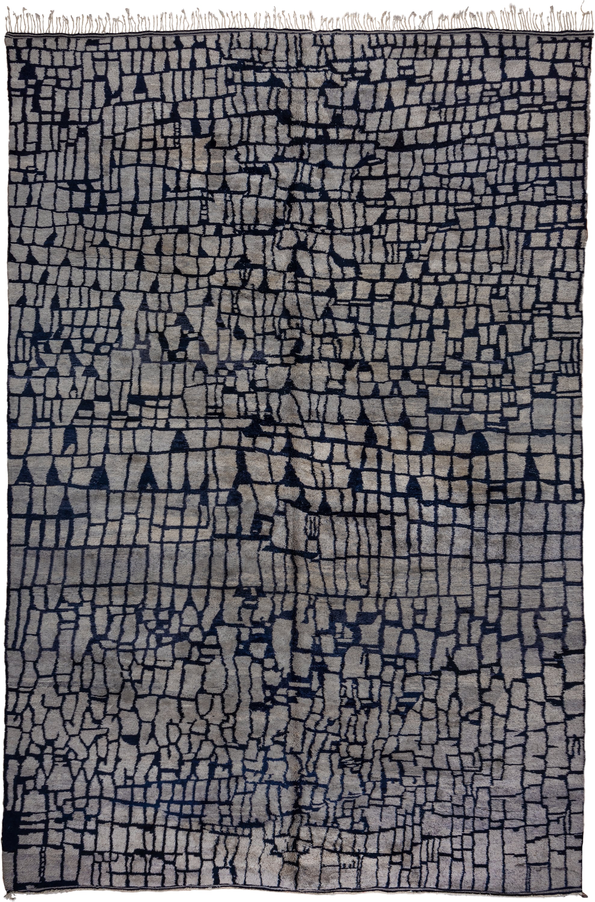 13' x 20' one-of-a-kind handmade vintage Moroccan oversize rug. Color palette: ivory, charcoal, slate, taupe, gray, black