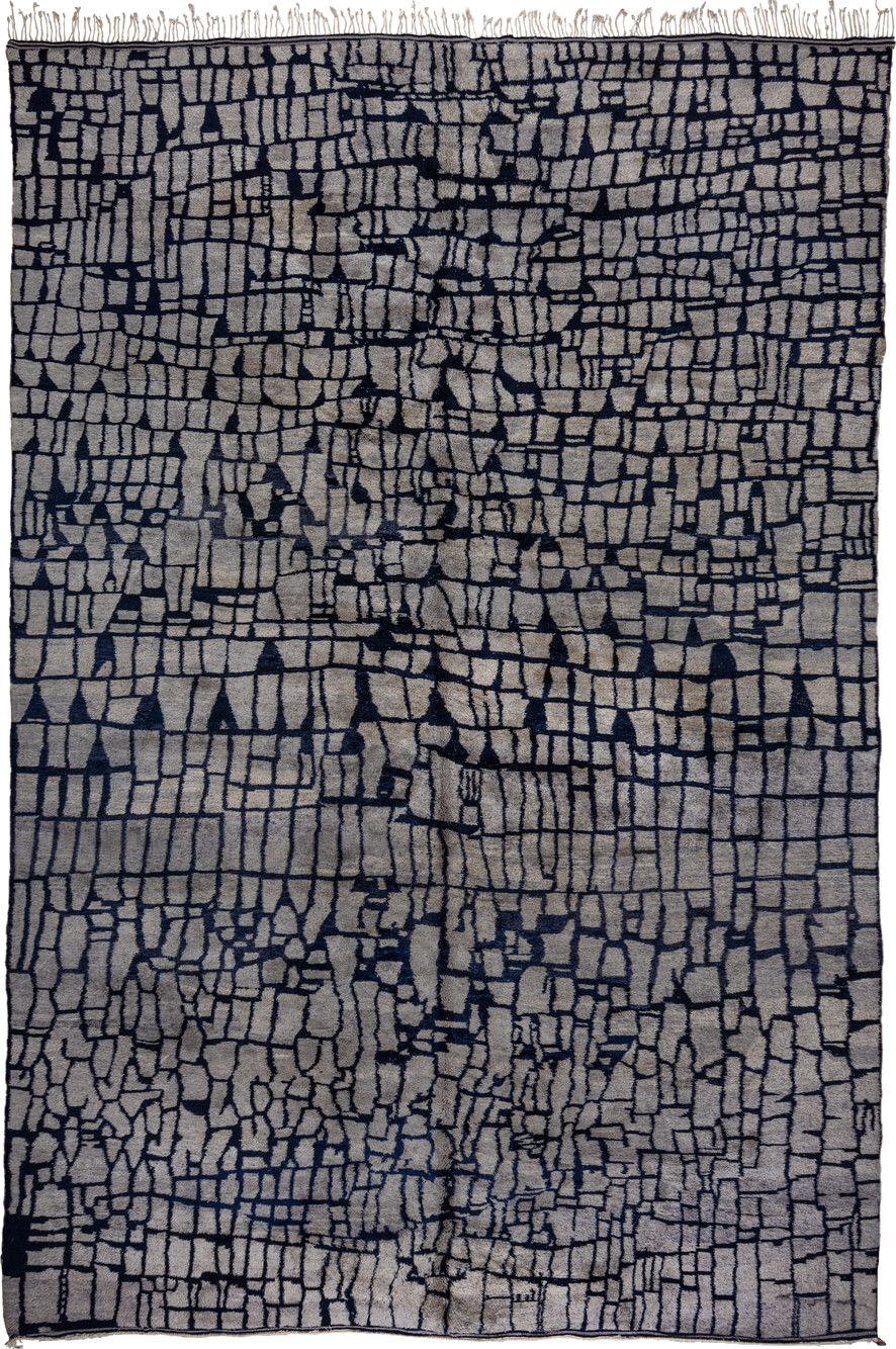 13' x 20' one-of-a-kind handmade vintage Moroccan oversize rug. Color palette: black, blue, dark gray, dim gray, gray