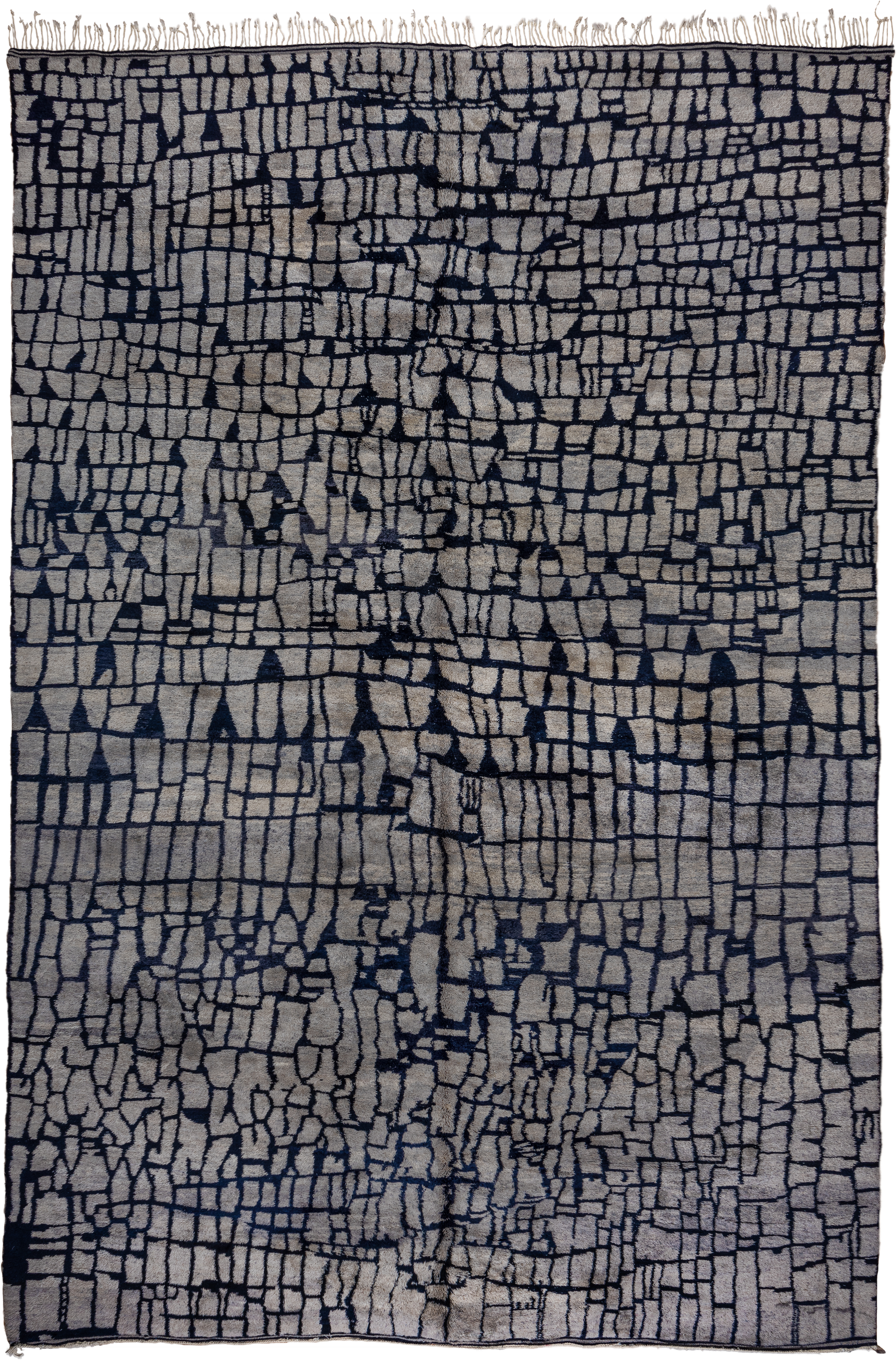 13' x 20' one-of-a-kind handmade vintage Moroccan oversize rug. Color palette: ivory, charcoal, slate, taupe, gray, black