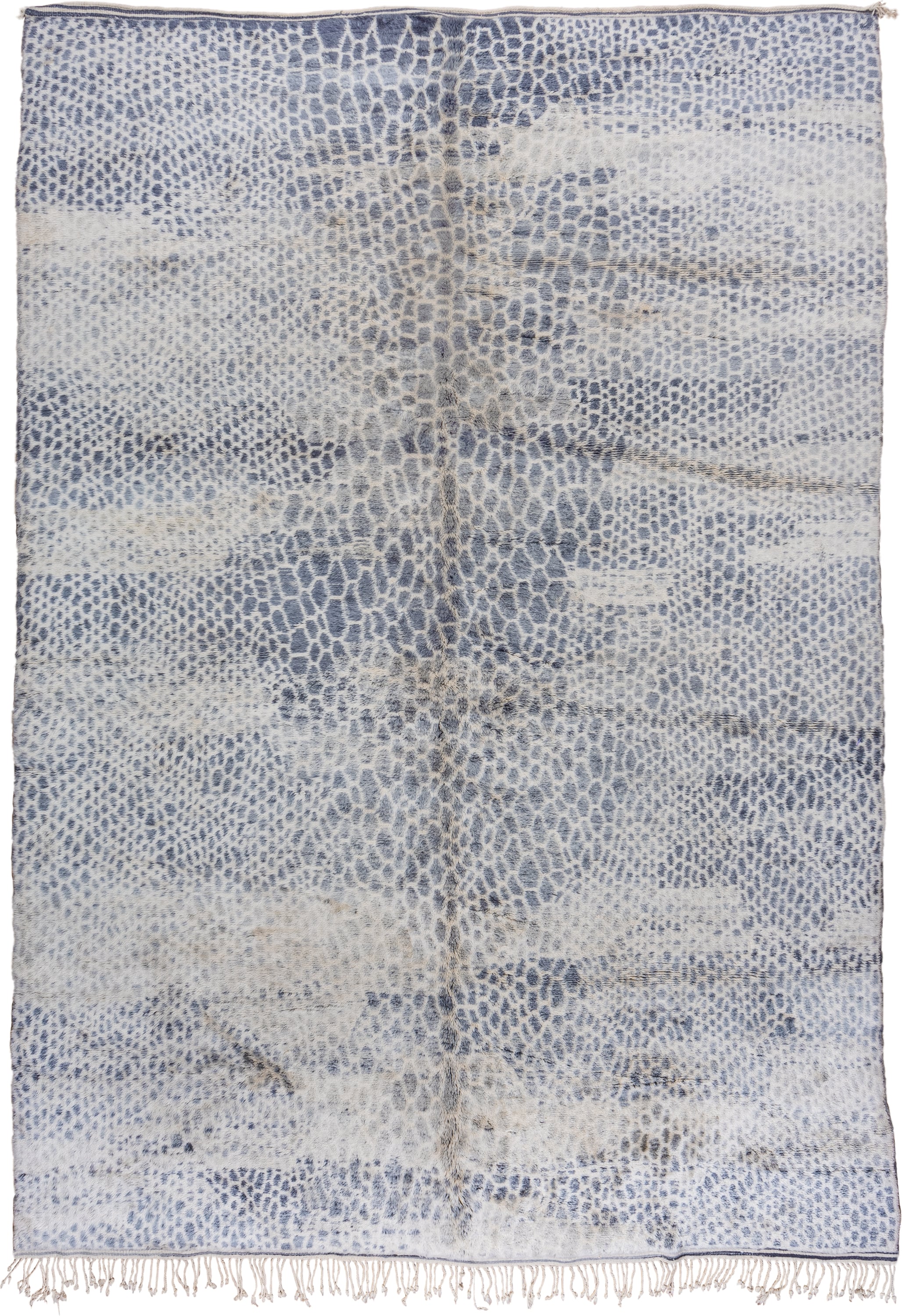 10' x 15' one-of-a-kind handmade vintage Moroccan rug. Color palette: ivory, slate, blue, charcoal, cream, taupe, gray