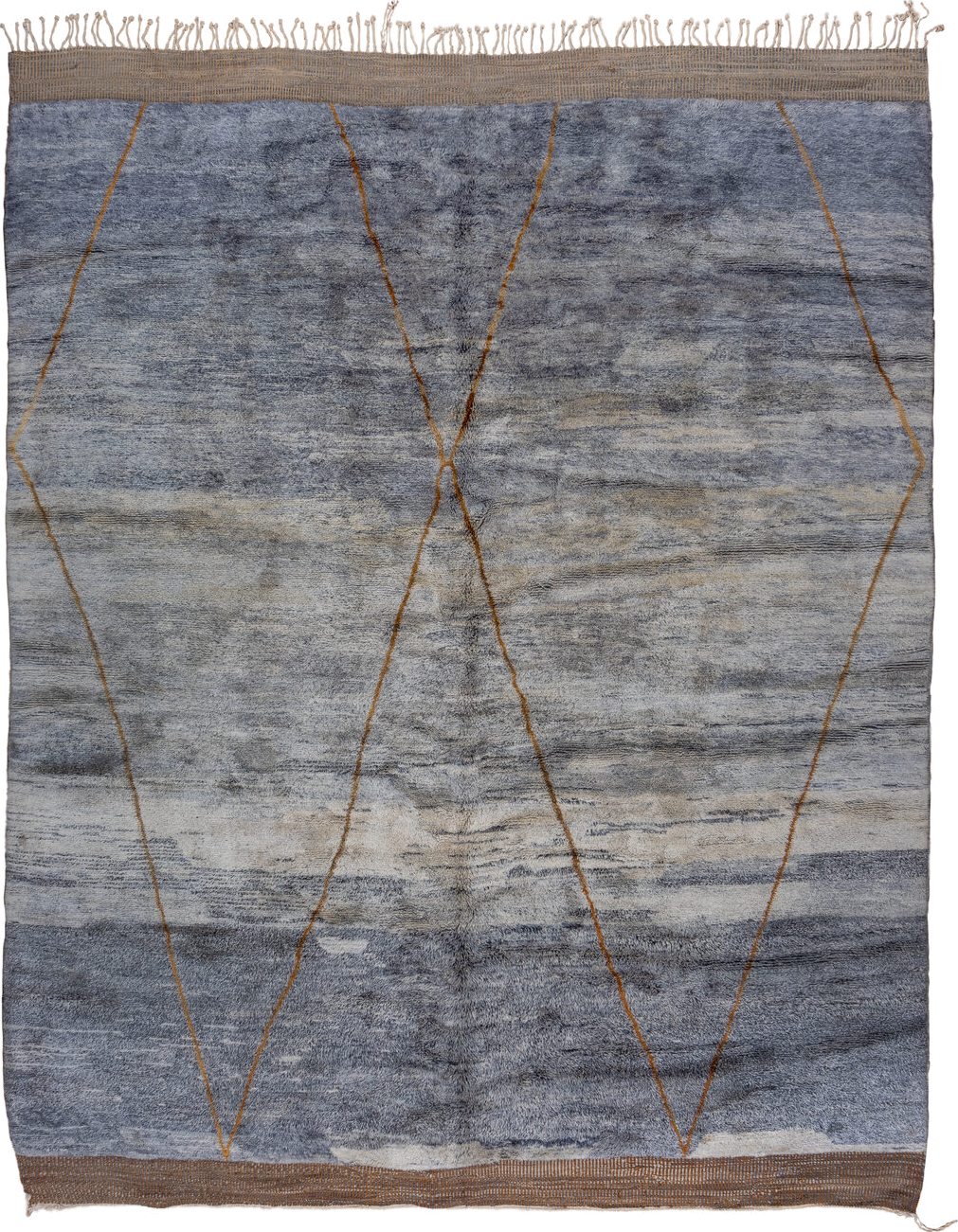 10' x 13' one-of-a-kind handmade vintage Moroccan large size rug. Color palette: black, blue, brown, charcoal, dark gray