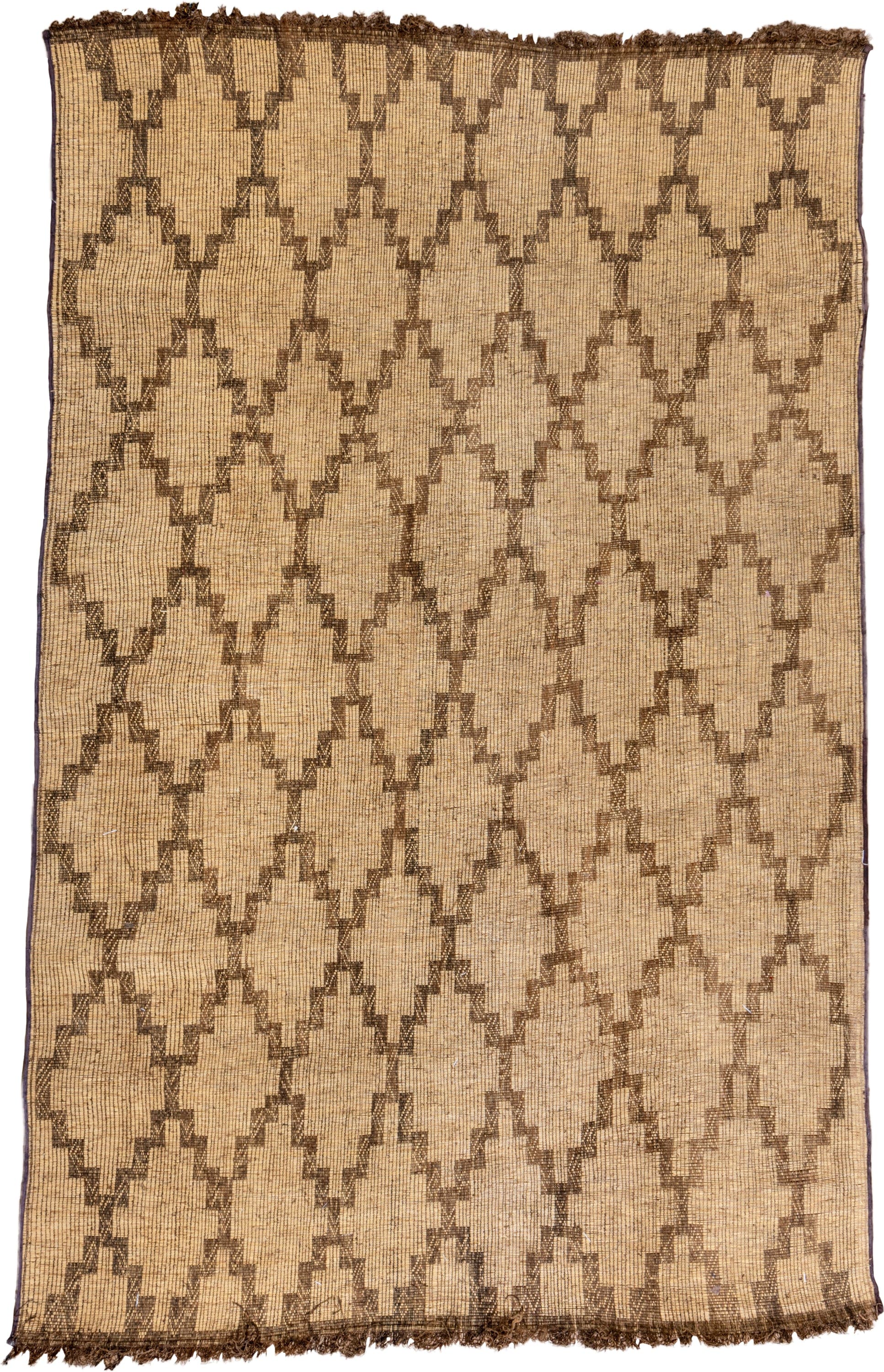 8' x 13' one-of-a-kind handmade vintage Tuareg large size rug. Color palette: camel, brown, tan, beige