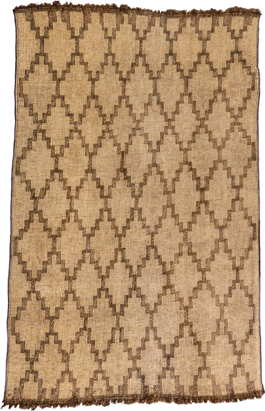 8' x 13' one-of-a-kind handmade vintage Tuareg large size rug. Color palette: camel, brown, tan, beige