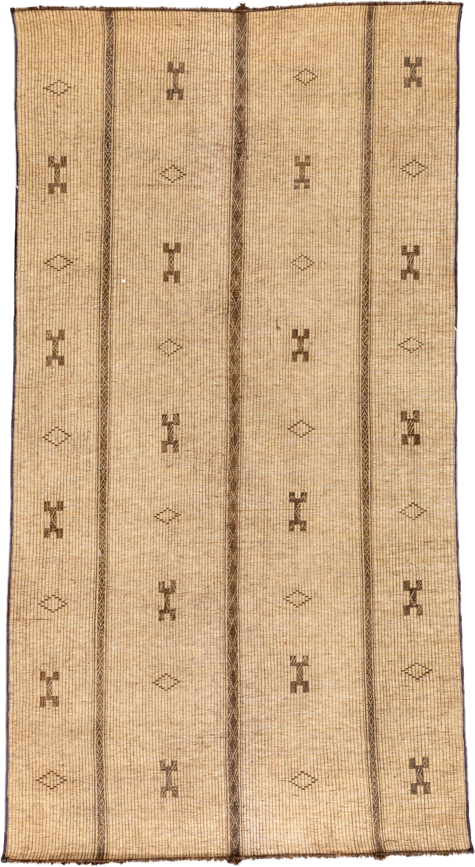 7' x 15' one-of-a-kind handmade vintage Tuareg rug. Color palette: camel, brown, tan, taupe, charcoal, beige, gray, black