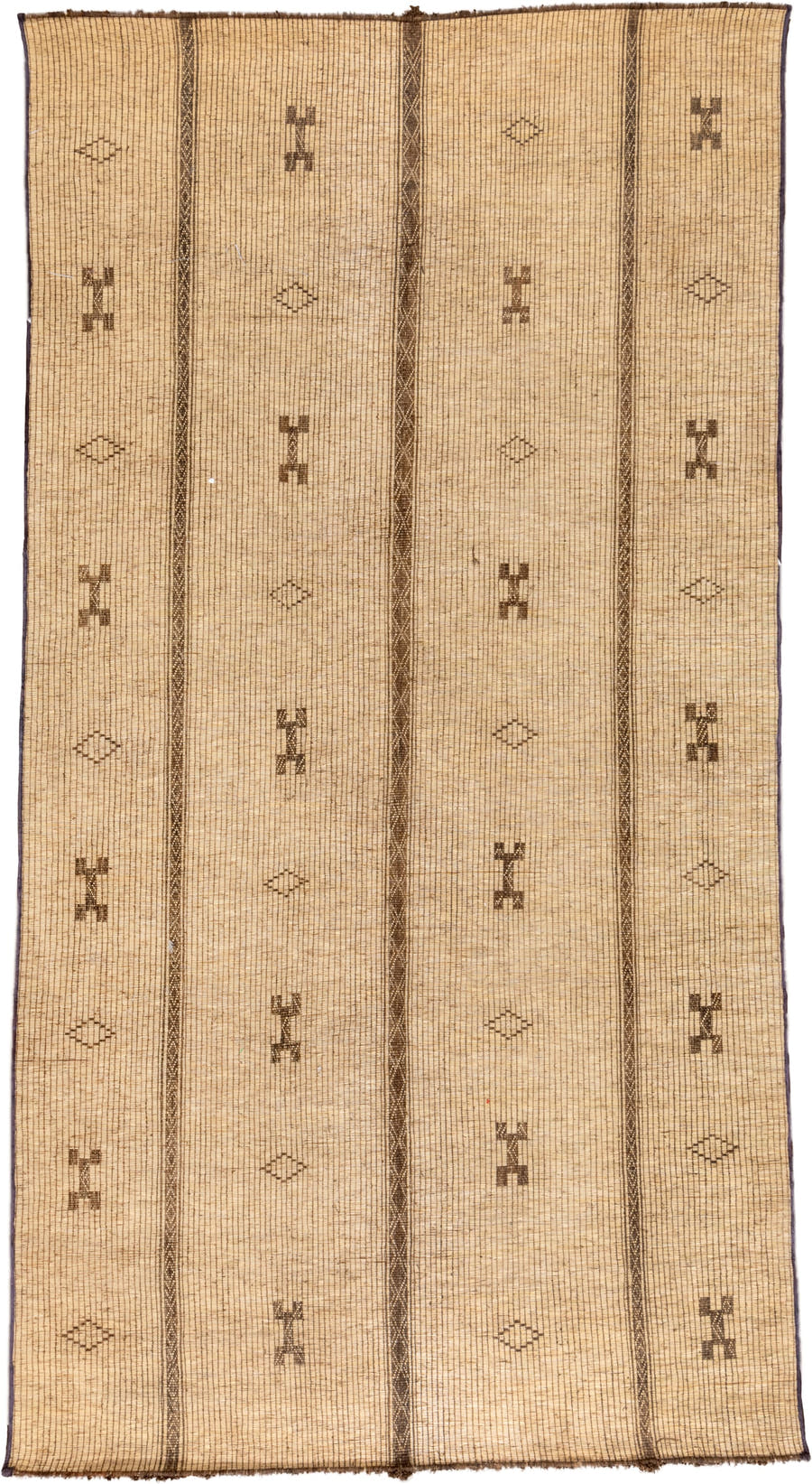 7' x 15' one-of-a-kind handmade vintage Tuareg rug. Color palette: camel, brown, tan, taupe, charcoal, beige, gray, black