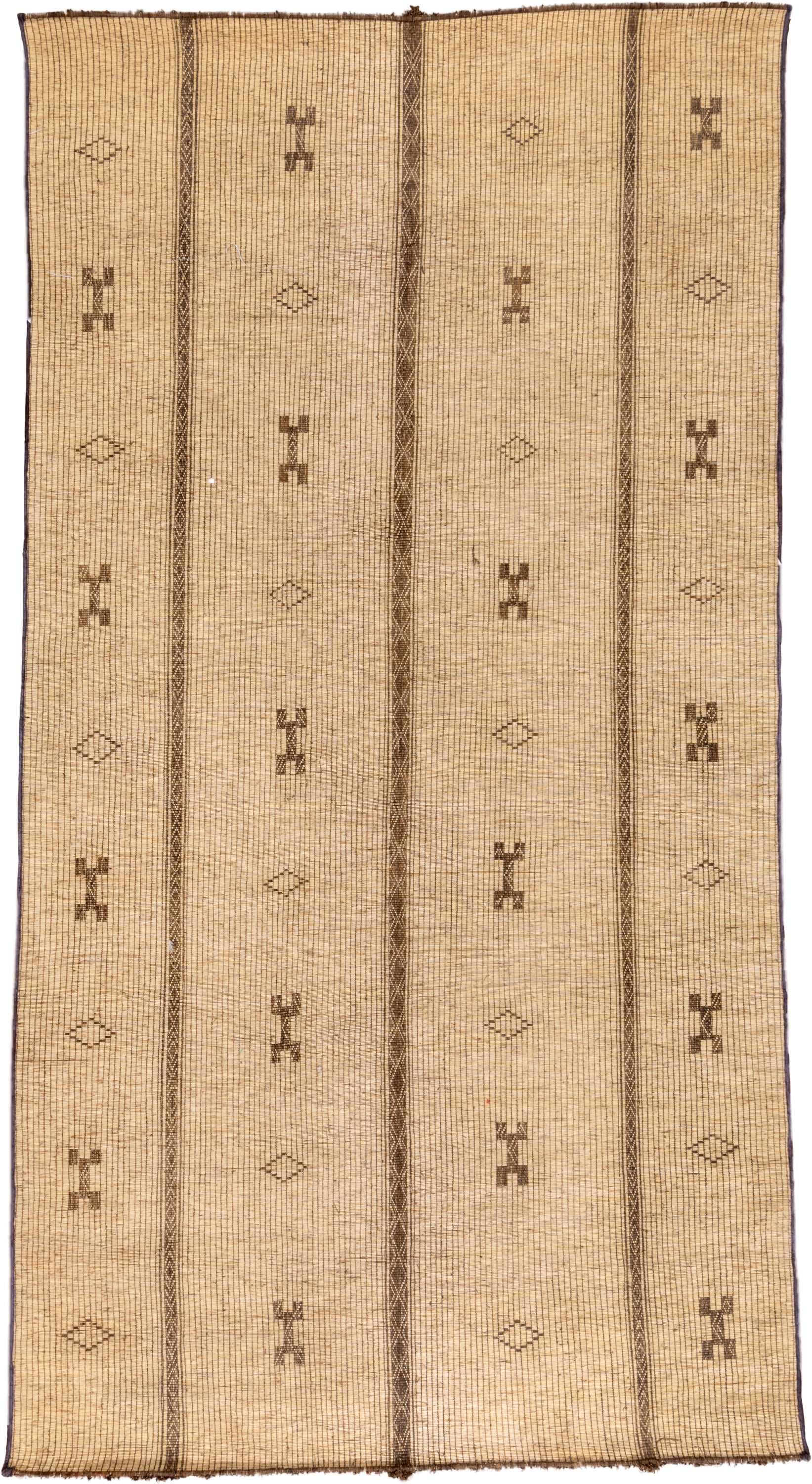 7' x 15' one-of-a-kind handmade vintage Tuareg rug. Color palette: camel, brown, tan, taupe, charcoal, beige, gray, black