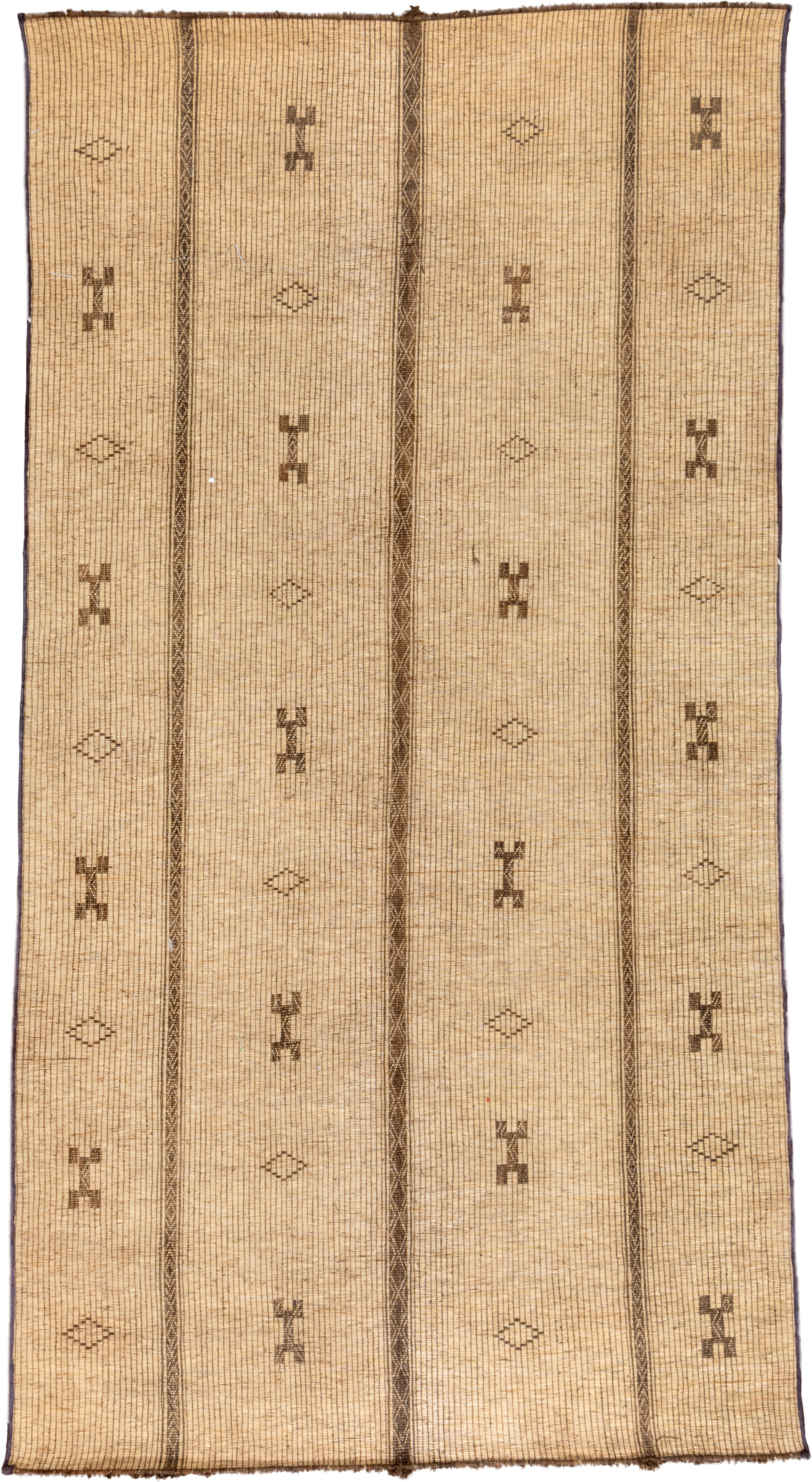 7' x 15' one-of-a-kind handmade vintage Tuareg rug. Color palette: camel, brown, tan, taupe, charcoal, beige, gray, black