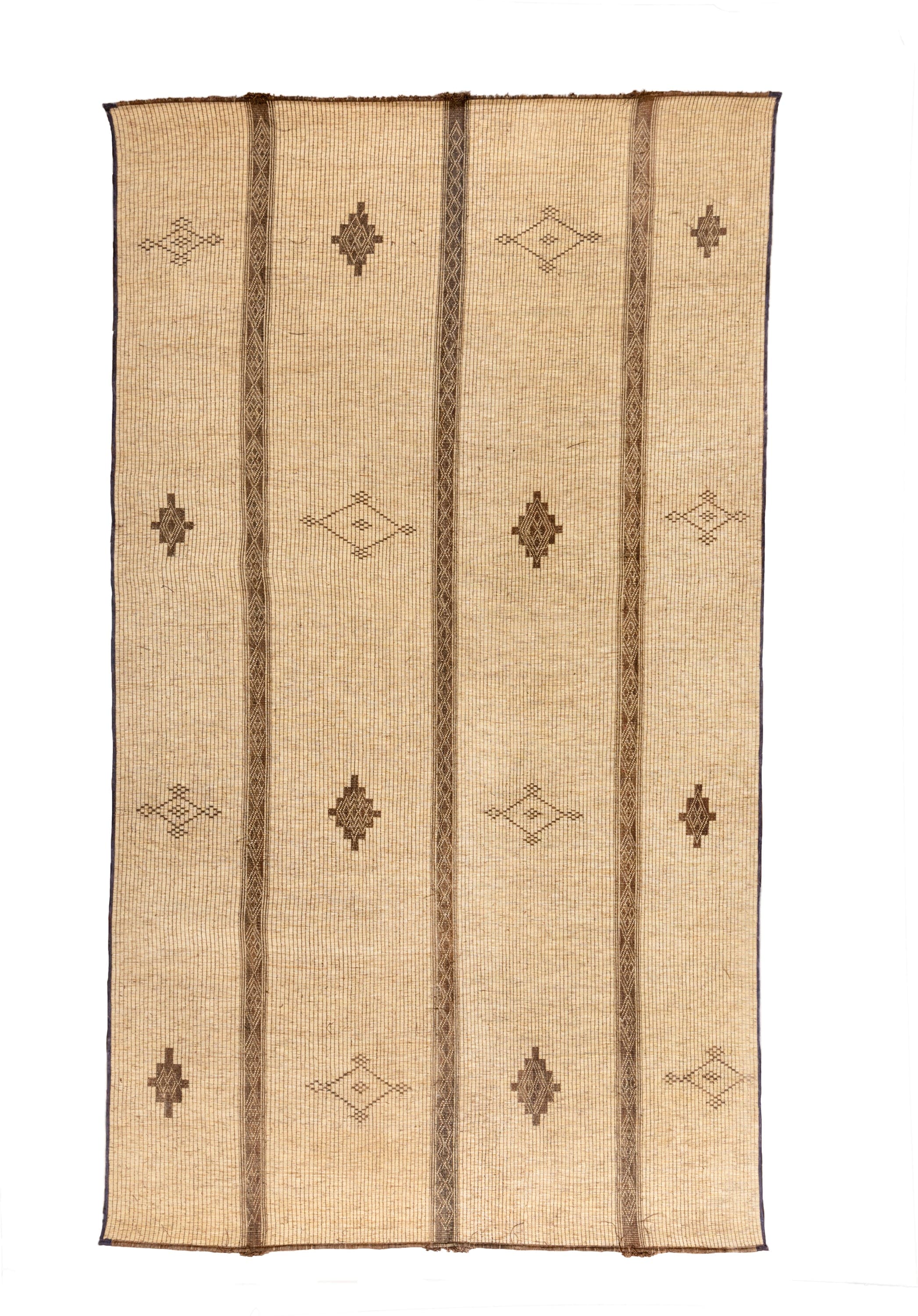 8' x 16' one-of-a-kind handmade vintage Tuareg rug. Color palette: camel, brown, tan, taupe, ivory, beige, gray