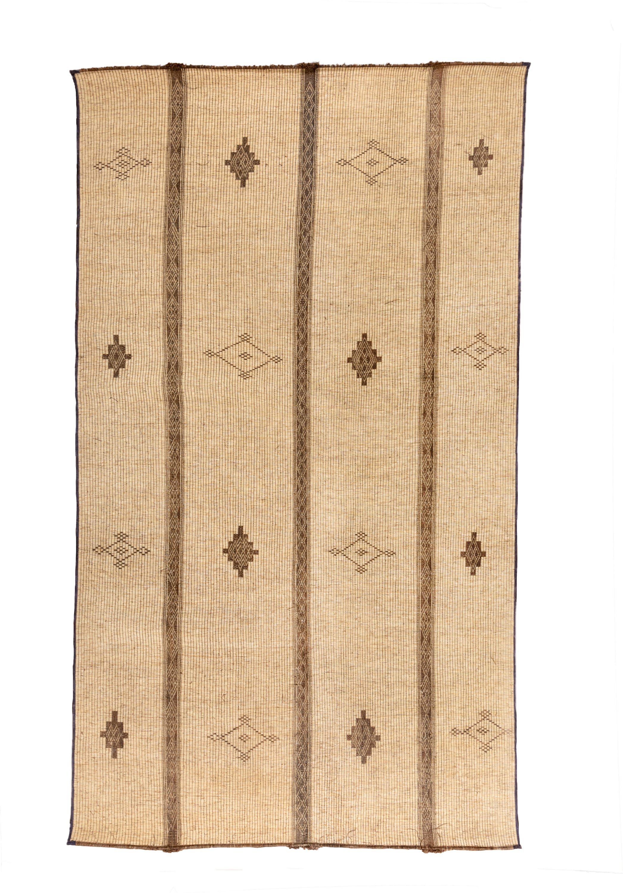 8' x 16' one-of-a-kind handmade vintage Tuareg rug. Color palette: camel, brown, tan, taupe, ivory, beige, gray