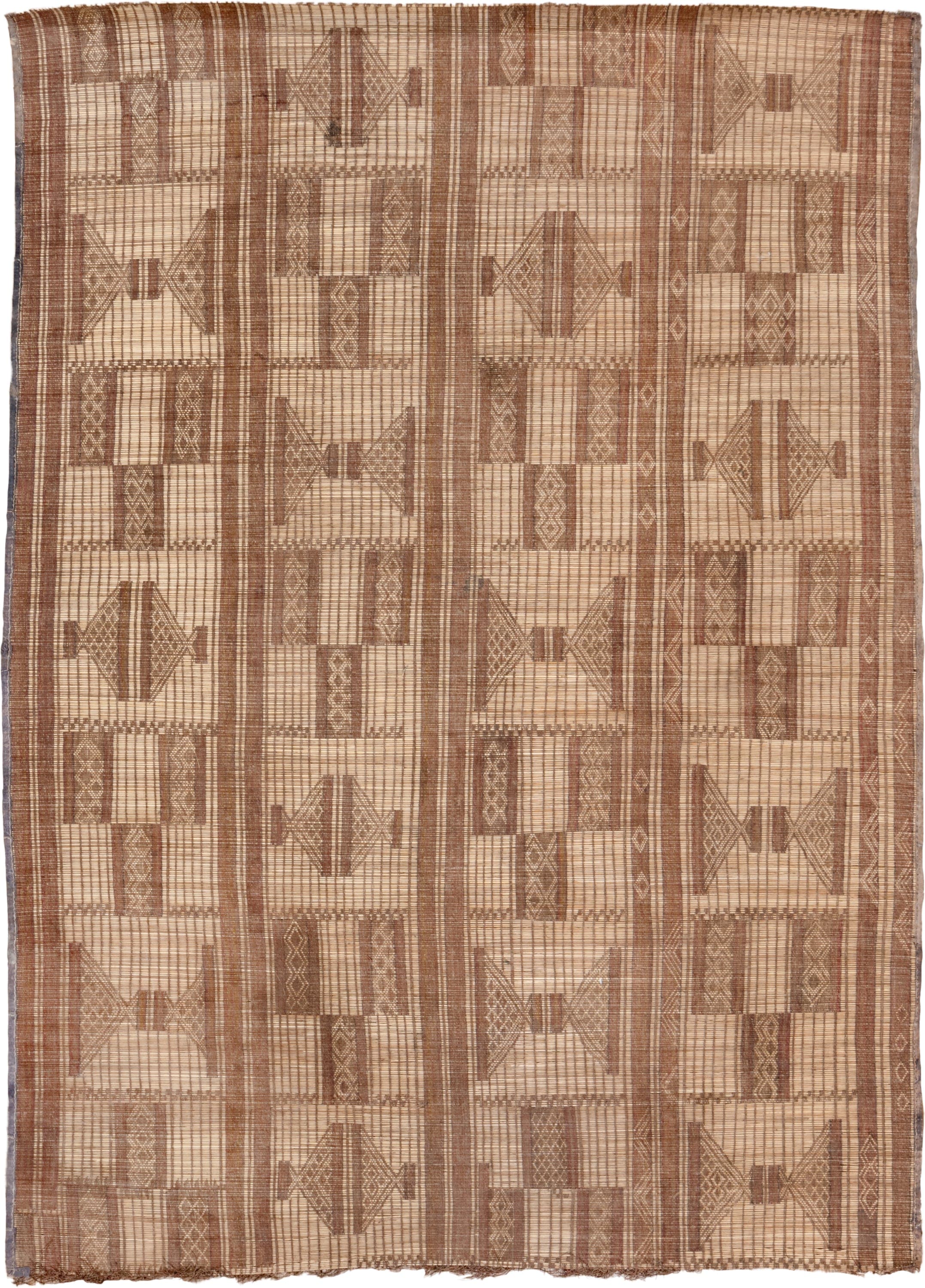6' x 8' one-of-a-kind handmade vintage Tuareg medium size rug. Color palette: camel, tan, taupe, sienna, ivory, beige, gray