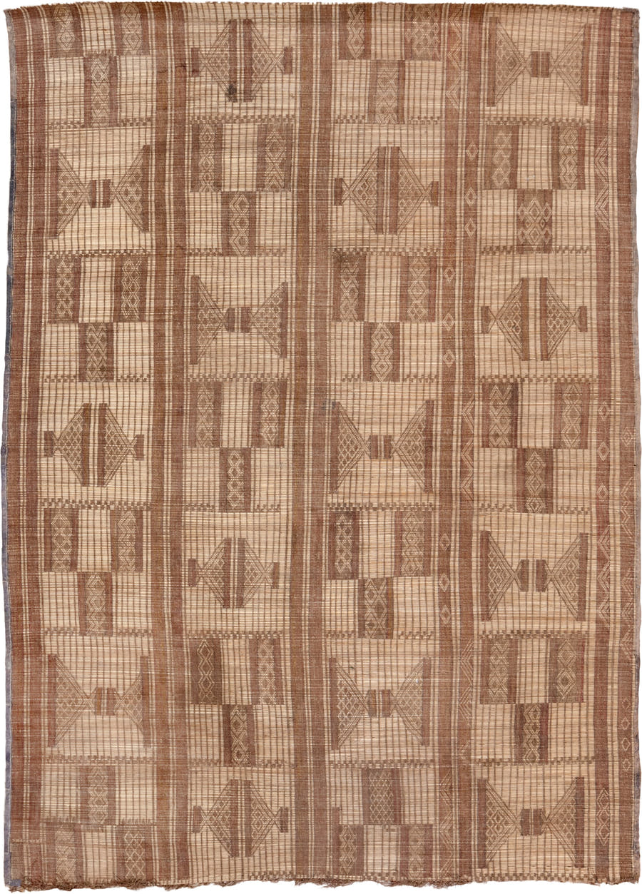6' x 8' one-of-a-kind handmade vintage Tuareg medium size rug. Color palette: camel, tan, taupe, sienna, ivory, beige, gray