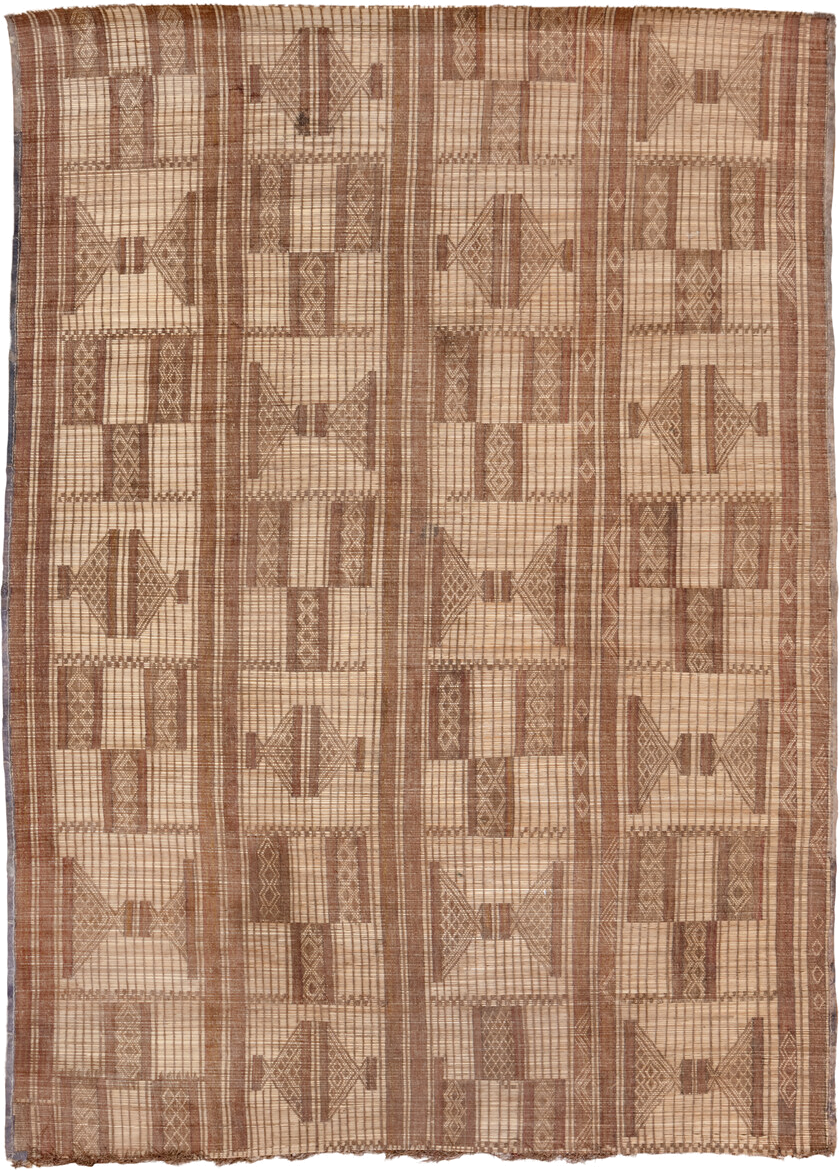 6' x 8' one-of-a-kind handmade vintage Tuareg medium size rug. Color palette: camel, tan, taupe, sienna, ivory, beige, gray