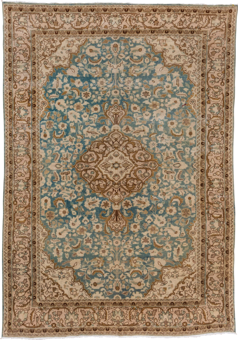 7' x 9' one-of-a-kind handmade vintage Malayer rug. Color palette: ivory, sky blue, tan, camel, taupe, brown, light blue