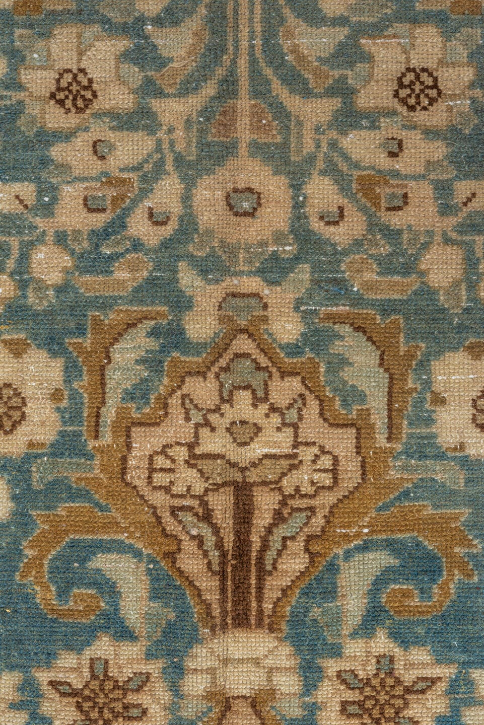 7' x 9' one-of-a-kind handmade vintage Malayer rug. Color palette: ivory, sky blue, tan, camel, taupe, brown, light blue