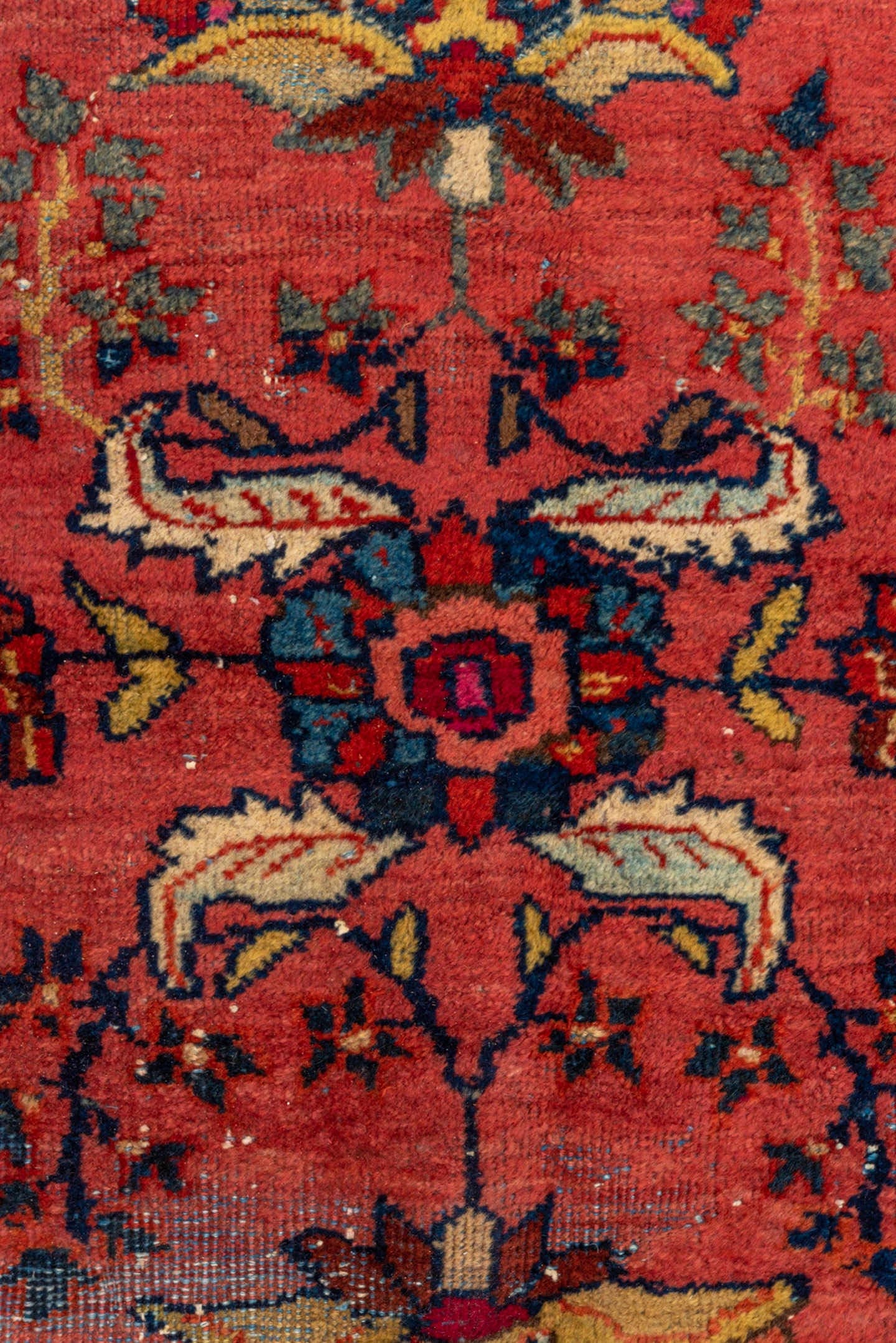 8' x 9' one-of-a-kind handmade vintage Mahal rug. Color palette: rose, navy, ivory, rust, gold, coral, saffron, burgundy