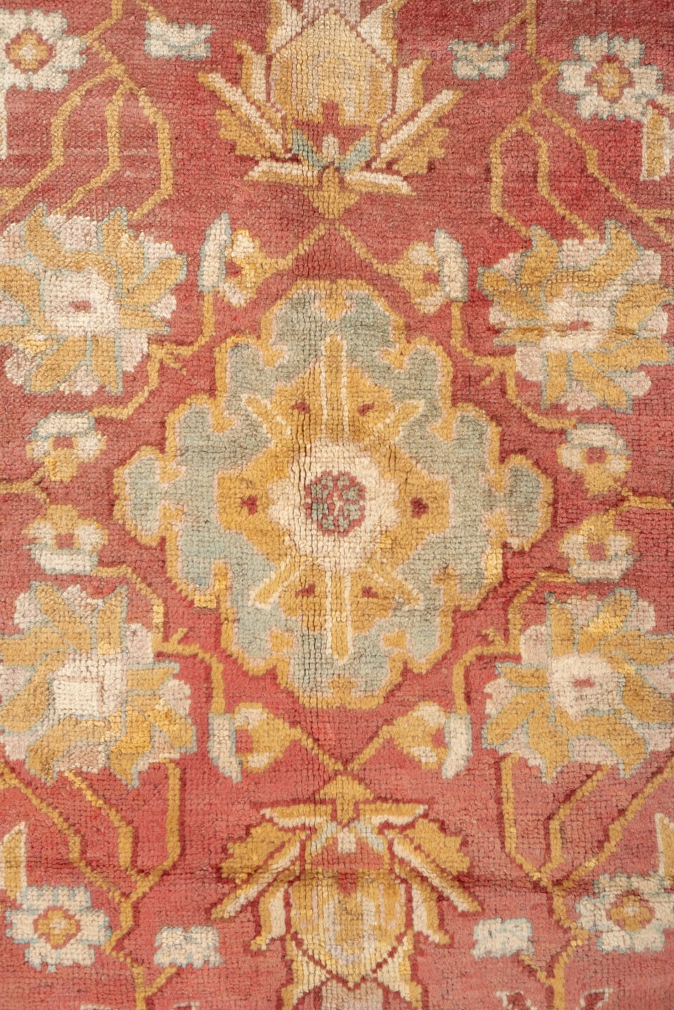 13' x 13' one-of-a-kind handmade antique Oushak oversize rug. Color palette: terracotta, aqua, gold, ivory, camel, sage