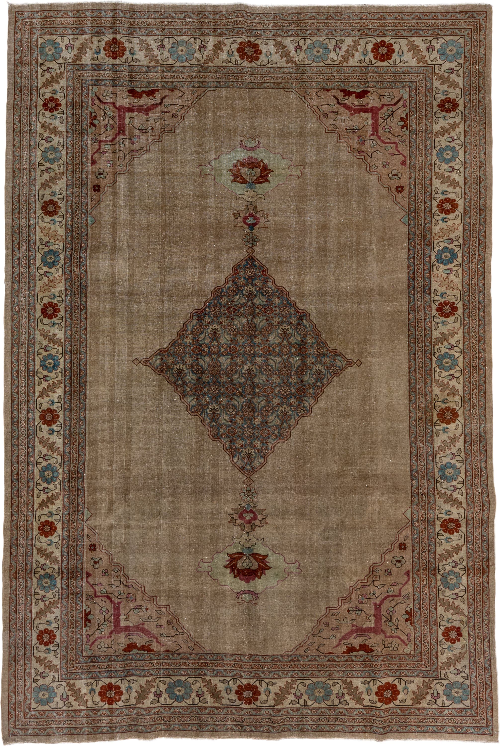 8' x 12' one-of-a-kind handmade antique Tabriz large size rug. Color palette: taupe, ivory, soft blue, rust, rose, brown