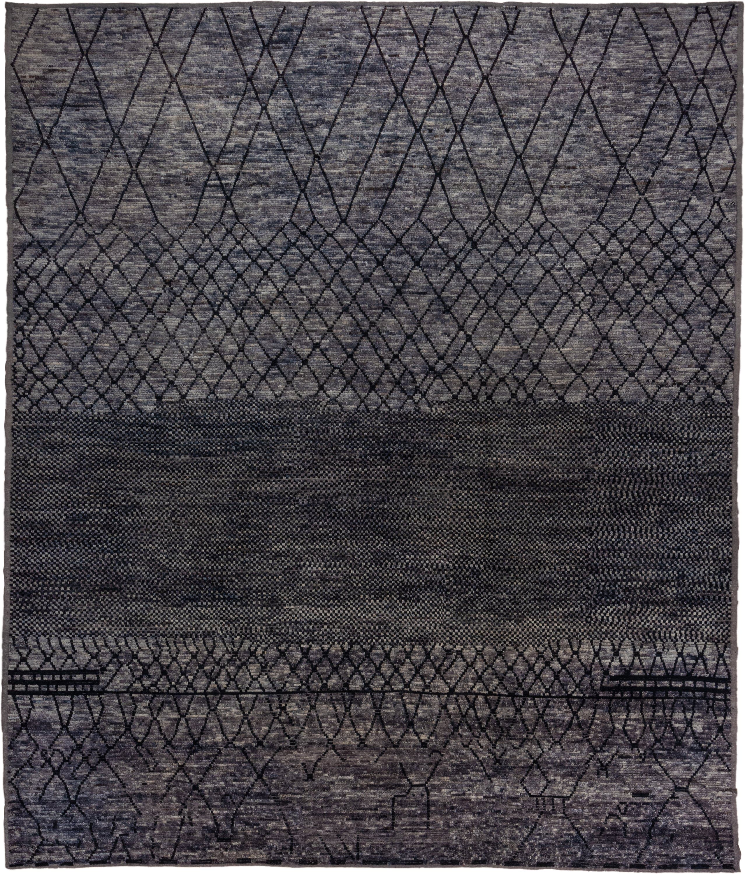 12' x 15' one-of-a-kind handmade vintage Tulu oversize rug. Color palette: charcoal, slate, gray, taupe, ebony, black, beige